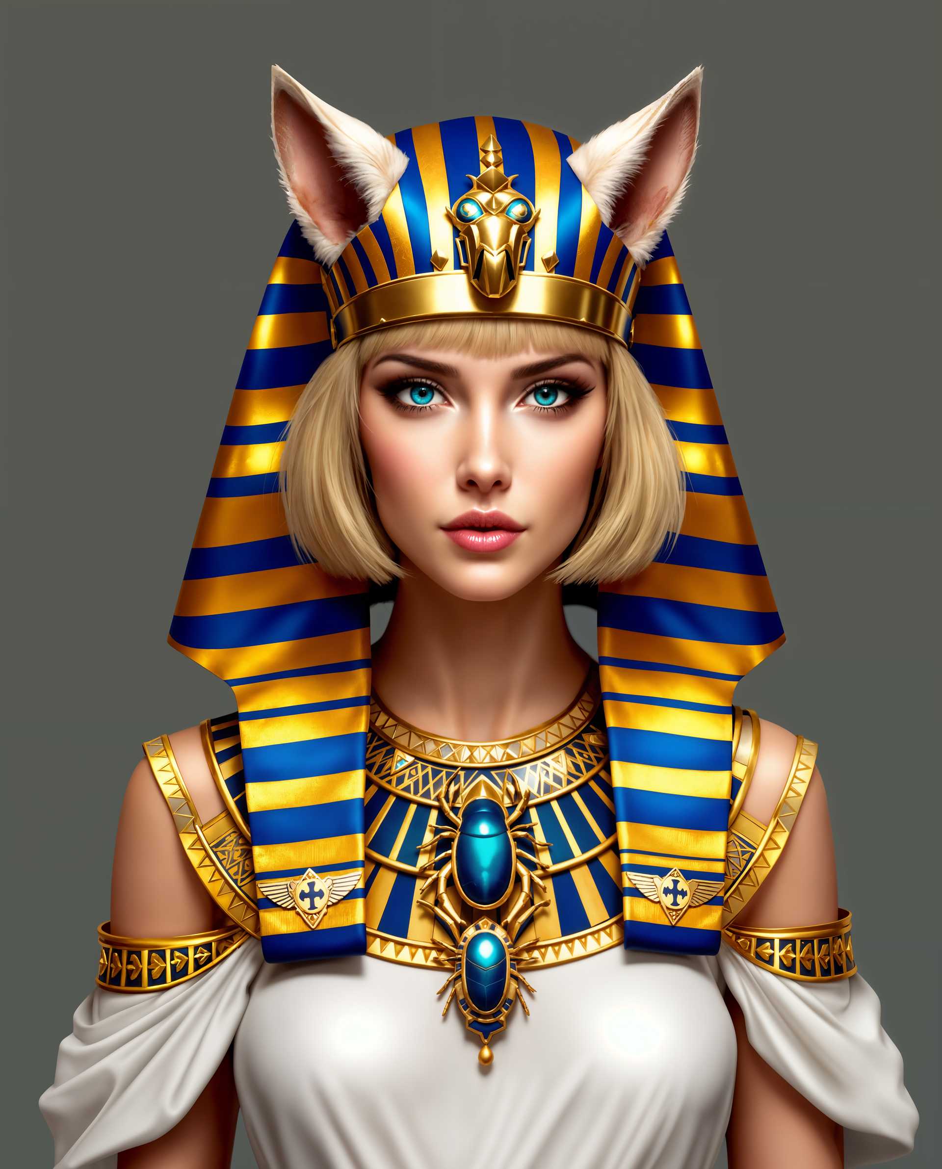 masterpiece, best quality, highres, sharp image, more detail <lora:more_details:0.5> <lora:SDXLrender_v2.0:1>, masterpiece, best quality, highres, sharp image, more detail, This image is a realistic photo (photograph) of a female real person digital artwork that depicts a figure adorned in an elaborate Egyptian inspired costume. The art style is highly detailed and realistic, with a focus on textures and lighting that give the image a lifelike quality.The medium appears to be a digital painting, as evidenced by the smooth blending of colors and the absence of brush strokes. The colors are rich and vibrant, with a predominance of gold, blue, and white. The gold is a deep, metallic gold with a high sheen, while the blue is a deep, royal blue with a hint of turquoise. The white is a pure, offwhite that contrasts beautifully with the gold and blue.The figure is wearing a headdress that is reminiscent of ancient Egyptian royal headdresses, with a striped pattern in alternating shades of blue and gold. The headdress is adorned with what appear to be animal ears, possibly feline, which add a unique and fantastical element to the costume. The figures hair is styled in a short, bob cut with bangs, and it has a light blonde or sandy hue.The figure is also wearing a necklace with a prominent pendant, which is a stylized representation of a scarab beetle, a symbol of rebirth and transformation in ancient Egyptian culture. The necklace is intricately designed with gold and blue elements, and it sits prominently against the figures chest.The figures attire includes a white garment with a high neckline and delicate folds that drape over the shoulders. The garment is adorned with gold trim and patterns, which echo the design of the necklace and headdress.Overall, the image exudes a sense of ancient Egyptian royalty and mystique, with a touch of fantasy added by the animal ears and the stylized scarab beetle pendant. The attention to detail in the costume and the lifelike rendering of the figures skin and hair texture contribute to the overall realism and beauty of the artwork.