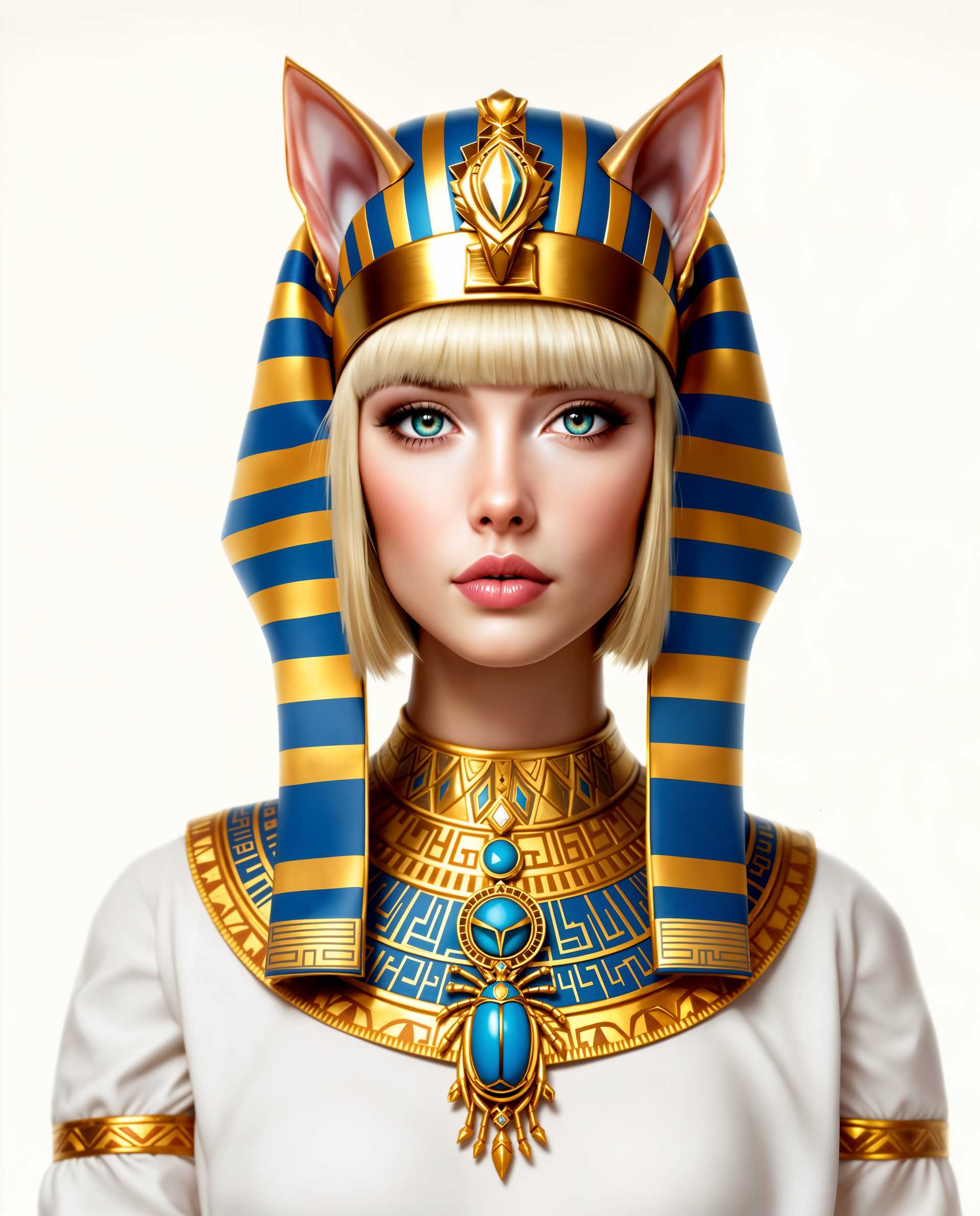 masterpiece, best quality, highres, sharp image, more detail <lora:more_details:0.5> <lora:SDXLrender_v2.0:1>, masterpiece, best quality, highres, sharp image, more detail, This image is a realistic photo (photograph) of a female real person digital artwork that depicts a figure adorned in an elaborate Egyptian inspired costume. The art style is highly detailed and realistic, with a focus on textures and lighting that give the image a lifelike quality.The medium appears to be a digital painting, as evidenced by the smooth blending of colors and the absence of brush strokes. The colors are rich and vibrant, with a predominance of gold, blue, and white. The gold is a deep, metallic gold with a high sheen, while the blue is a deep, royal blue with a hint of turquoise. The white is a pure, offwhite that contrasts beautifully with the gold and blue.The figure is wearing a headdress that is reminiscent of ancient Egyptian royal headdresses, with a striped pattern in alternating shades of blue and gold. The headdress is adorned with what appear to be animal ears, possibly feline, which add a unique and fantastical element to the costume. The figures hair is styled in a short, bob cut with bangs, and it has a light blonde or sandy hue.The figure is also wearing a necklace with a prominent pendant, which is a stylized representation of a scarab beetle, a symbol of rebirth and transformation in ancient Egyptian culture. The necklace is intricately designed with gold and blue elements, and it sits prominently against the figures chest.The figures attire includes a white garment with a high neckline and delicate folds that drape over the shoulders. The garment is adorned with gold trim and patterns, which echo the design of the necklace and headdress.Overall, the image exudes a sense of ancient Egyptian royalty and mystique, with a touch of fantasy added by the animal ears and the stylized scarab beetle pendant. The attention to detail in the costume and the lifelike rendering of the figures skin and hair texture contribute to the overall realism and beauty of the artwork.