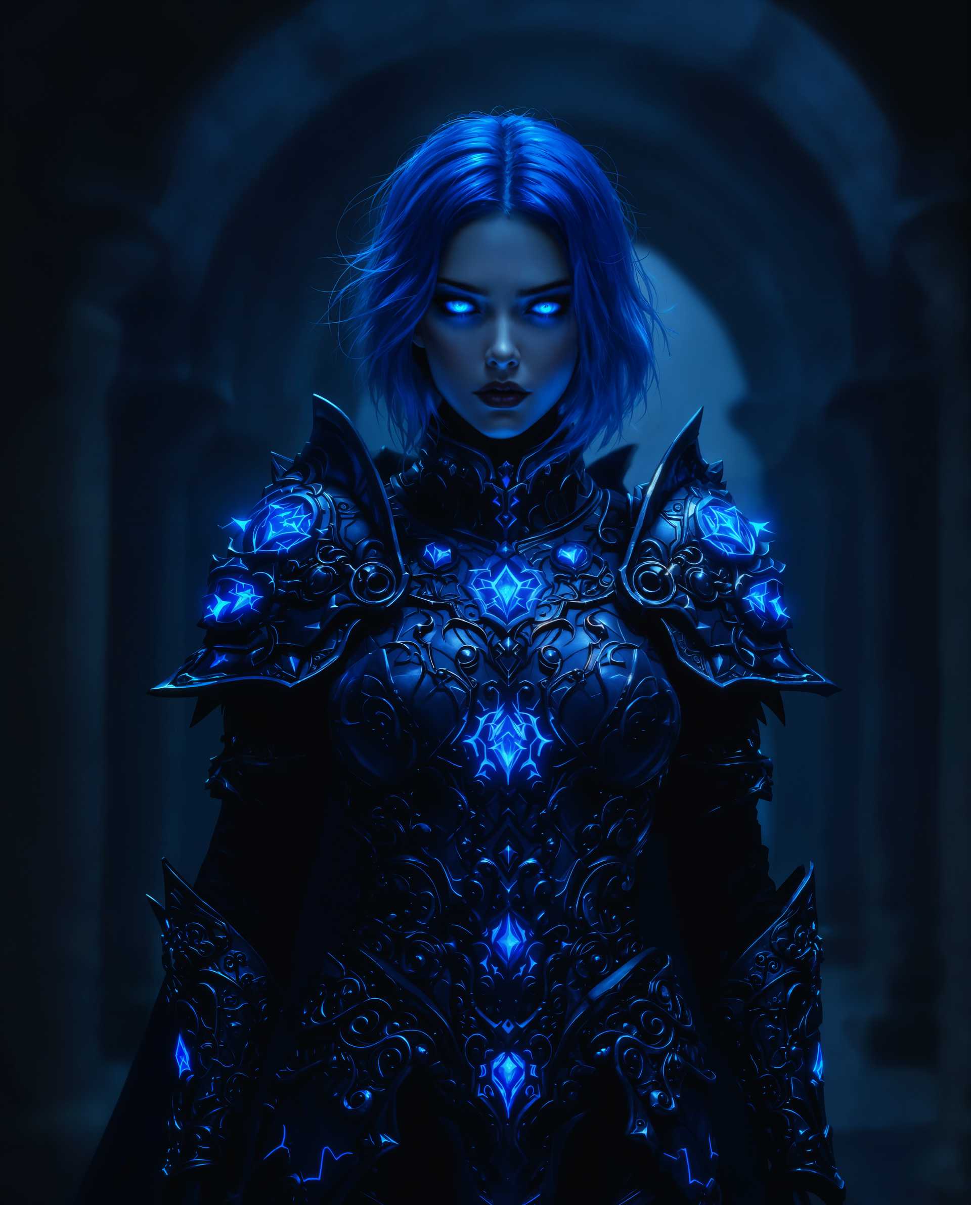 masterpiece, best quality, highres, sharp image, more detail <lora:more_details:0.5> <lora:SDXLrender_v2.0:1>, masterpiece, best quality, highres, sharp image, more detail, This is a realistic photo (photograph) of a female real person digital artwork that features a character with a striking blue hair and eyes, standing in a dark, moody environment. The character is wearing a detailed, gothic armor with intricate patterns and designs, predominantly in shades of blue and black. The armor is adorned with glowing blue elements that seem to emanate from within, giving the character a mysterious and powerful aura.The medium appears to be a digital painting, utilizing advanced techniques to create a realistic and three dimensional effect. The use of lighting and shadow is masterful, with the dark background and the blue highlights on the armor creating a dramatic contrast that emphasizes the characters presence.The colors in the image are predominantly cool tones, with deep blues and blacks dominating the palette. The blue highlights on the armor and the glowing elements add a touch of warmth to the otherwise cool color scheme. The use of these colors gives the image a sense of fantasy and other world liness.Objects in the image include the characters armor, which is the focal point, and the dark, moody environment that surrounds the character. The environment is not fully visible, but we can infer that it is a dark, possibly ruined or ancient setting, given the archway in the background and the overall atmosphere of the image.Overall, the image is a powerful and evocative piece of digital art that captures the viewers attention with its striking visuals and mysterious atmosphere.