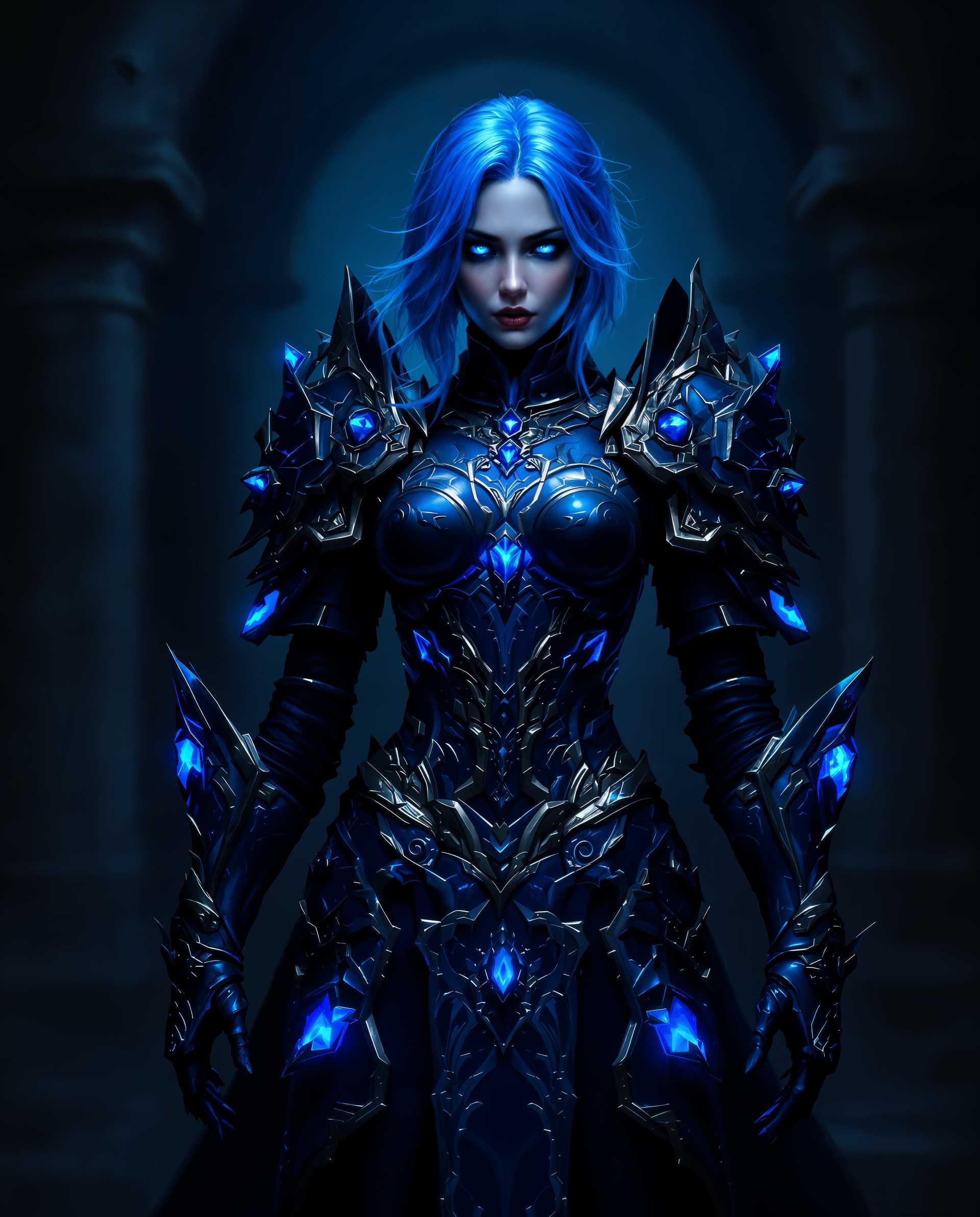 masterpiece, best quality, highres, sharp image, more detail <lora:more_details:0.5> <lora:SDXLrender_v2.0:1>, masterpiece, best quality, highres, sharp image, more detail, This is a realistic photo (photograph) of a female real person digital artwork that features a character with a striking blue hair and eyes, standing in a dark, moody environment. The character is wearing a detailed, gothic armor with intricate patterns and designs, predominantly in shades of blue and black. The armor is adorned with glowing blue elements that seem to emanate from within, giving the character a mysterious and powerful aura.The medium appears to be a digital painting, utilizing advanced techniques to create a realistic and three dimensional effect. The use of lighting and shadow is masterful, with the dark background and the blue highlights on the armor creating a dramatic contrast that emphasizes the characters presence.The colors in the image are predominantly cool tones, with deep blues and blacks dominating the palette. The blue highlights on the armor and the glowing elements add a touch of warmth to the otherwise cool color scheme. The use of these colors gives the image a sense of fantasy and other world liness.Objects in the image include the characters armor, which is the focal point, and the dark, moody environment that surrounds the character. The environment is not fully visible, but we can infer that it is a dark, possibly ruined or ancient setting, given the archway in the background and the overall atmosphere of the image.Overall, the image is a powerful and evocative piece of digital art that captures the viewers attention with its striking visuals and mysterious atmosphere.