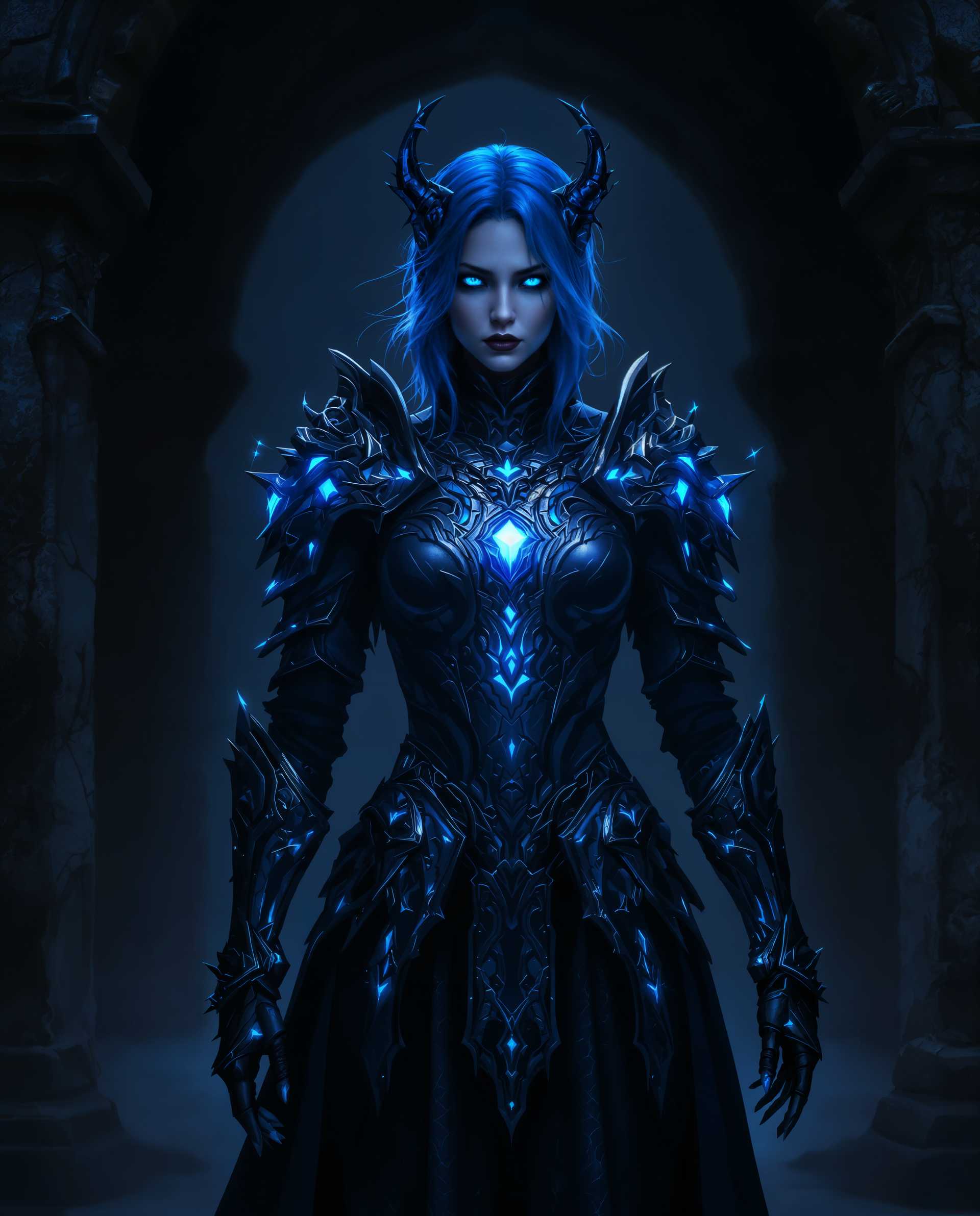 masterpiece, best quality, highres, sharp image, more detail <lora:more_details:0.5> <lora:SDXLrender_v2.0:1>, masterpiece, best quality, highres, sharp image, more detail, This is a realistic photo (photograph) of a female real person digital artwork that features a character with a striking blue hair and eyes, standing in a dark, moody environment. The character is wearing a detailed, gothic armor with intricate patterns and designs, predominantly in shades of blue and black. The armor is adorned with glowing blue elements that seem to emanate from within, giving the character a mysterious and powerful aura.The medium appears to be a digital painting, utilizing advanced techniques to create a realistic and three dimensional effect. The use of lighting and shadow is masterful, with the dark background and the blue highlights on the armor creating a dramatic contrast that emphasizes the characters presence.The colors in the image are predominantly cool tones, with deep blues and blacks dominating the palette. The blue highlights on the armor and the glowing elements add a touch of warmth to the otherwise cool color scheme. The use of these colors gives the image a sense of fantasy and other world liness.Objects in the image include the characters armor, which is the focal point, and the dark, moody environment that surrounds the character. The environment is not fully visible, but we can infer that it is a dark, possibly ruined or ancient setting, given the archway in the background and the overall atmosphere of the image.Overall, the image is a powerful and evocative piece of digital art that captures the viewers attention with its striking visuals and mysterious atmosphere.