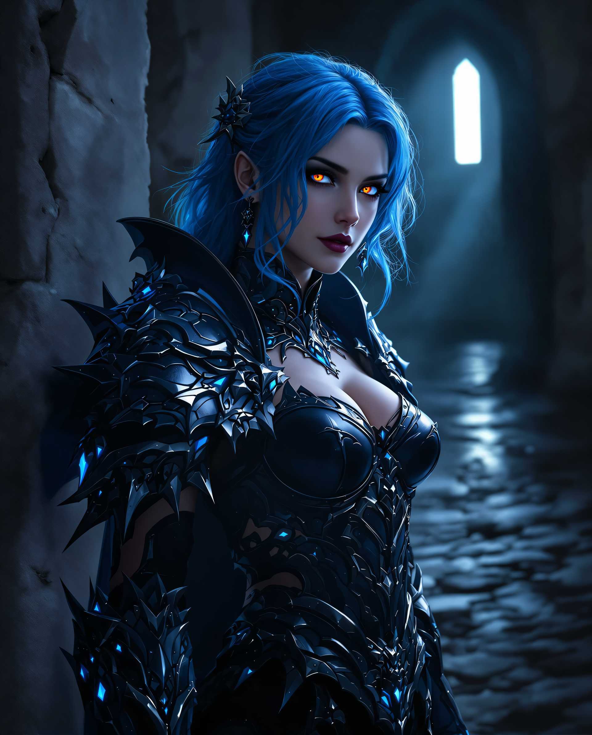 masterpiece, best quality, highres, sharp image, more detail <lora:more_details:0.5> <lora:SDXLrender_v2.0:1>, A photorealistic digital painting of a female character with striking blue hair and eyes, standing in a dark, moody, ancient ruin with a shadowy archway in the background. She wears intricately designed gothic armor in shades of deep blue and black, adorned with glowing blue elements that emit an ethereal light, enhancing her mysterious and powerful aura. Masterful lighting and shadow play create dramatic contrast, captured as if with a DSLR, 50mm lens, in cinematic 8K detail.
