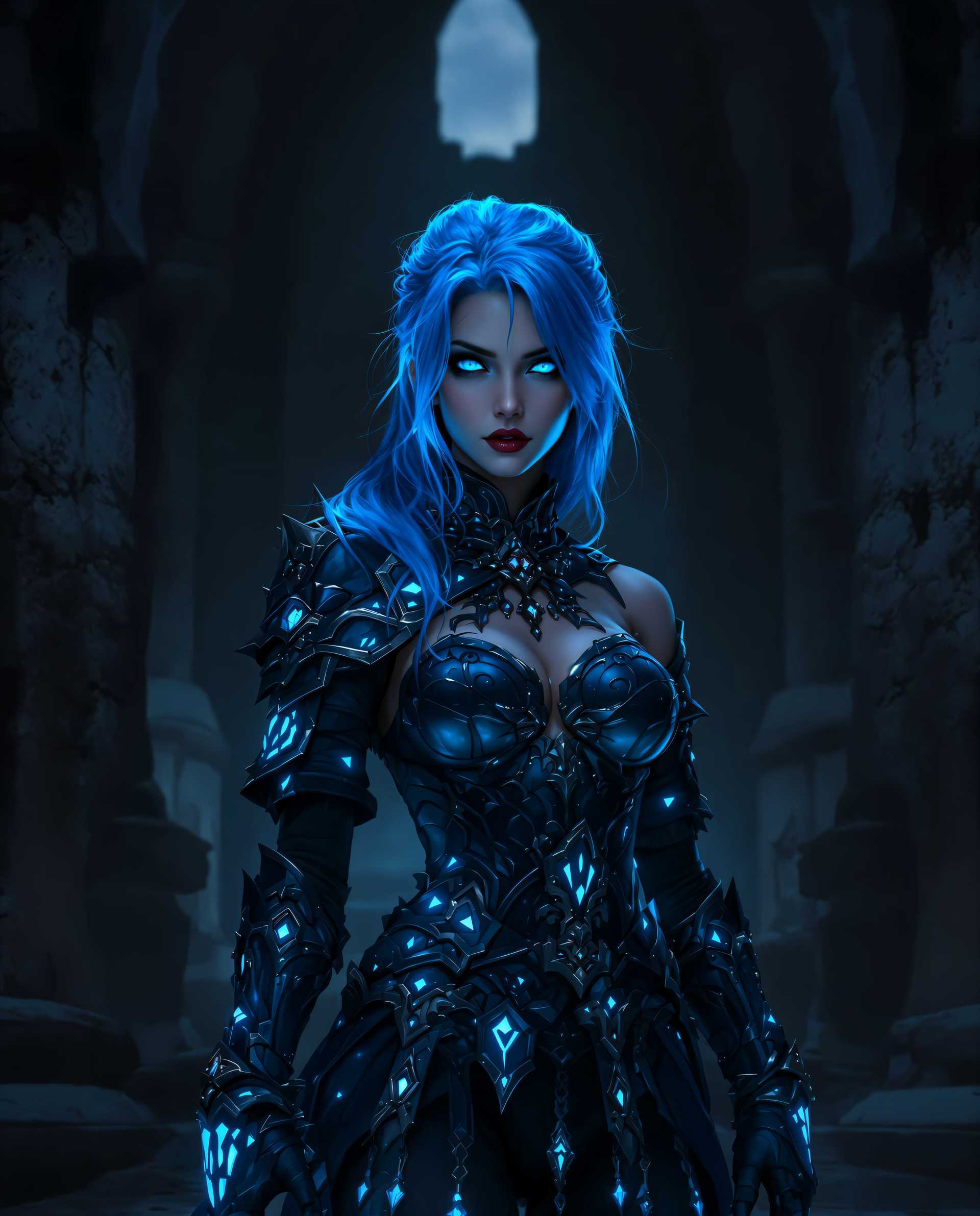 masterpiece, best quality, highres, sharp image, more detail <lora:more_details:0.5> <lora:SDXLrender_v2.0:1>, A photorealistic digital painting of a female character with striking blue hair and eyes, standing in a dark, moody, ancient ruin with a shadowy archway in the background. She wears intricately designed gothic armor in shades of deep blue and black, adorned with glowing blue elements that emit an ethereal light, enhancing her mysterious and powerful aura. Masterful lighting and shadow play create dramatic contrast, captured as if with a DSLR, 50mm lens, in cinematic 8K detail.