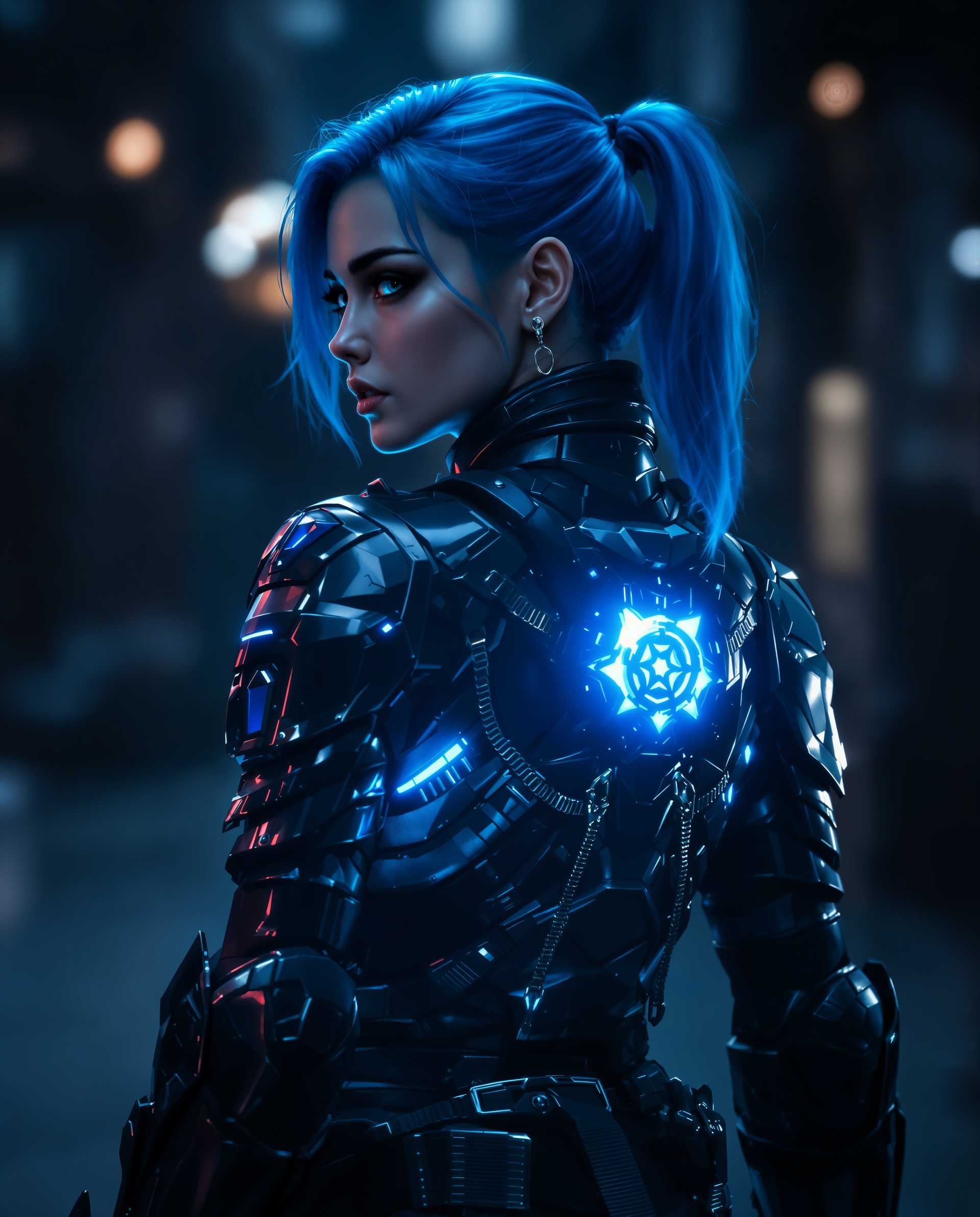 masterpiece, best quality, highres, sharp image, more detail <lora:more_details:0.5> <lora:SDXLrender_v2.0:1>, masterpiece, best quality, highres, sharp image, more detail, This image is a realistic photo (photograph) of a female real person digital artwork that showcases a character with a striking presence. Lets analyze the artistic elements Composition The character is positioned centrally, which is a common compositional technique that draws the viewers eye directly to the subject. The use of perspective is subtle but effective, with the characters back slightly turned to the viewer, which can create intrigue and encourage the viewer to imagine the story behind the character. The background is intentionally blurred, focusing the viewers attention on the character and the glowing element on their back. The image has a sense of depth, achieved through the layering of the characters armor and clothing, and the play of light and shadow.Lighting The lighting in the image is dramatic and moody, with a cool blue tone that sets a fantasy or science fiction mood. The glowing element on the characters back is the focal point of the lighting, drawing the eye and creating a sense of power or magic. The lighting also adds to the threedimensional quality of the armor, giving it a realistic texture and depth.Style The style of the artwork is reminiscent of fantasy or cyberpunk genres, with a strong emphasis on detailed armor design and futuristic elements. The characters outfit is suggestive of a warrior or special operative, with a mix of practicality and style. The use of color is limited but impactful, with the blue of the characters hair and the glowing element standing out against the darker tones of the armor and background.Overall, the image is a wellcrafted piece that combines strong composition, atmospheric lighting, and a distinctive style to create a compelling visual narrative.