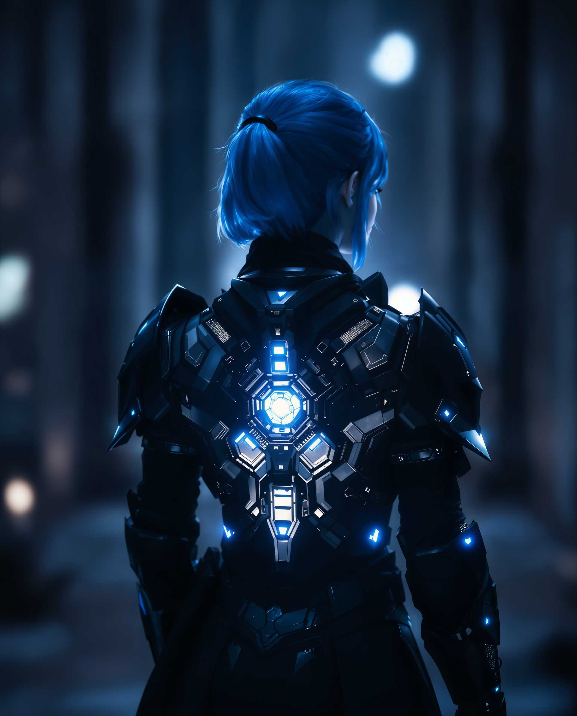 masterpiece, best quality, highres, sharp image, more detail, masterpiece, best quality, highres, sharp image, more detail, This image is a realistic photo (photograph) of a female real person digital artwork that showcases a character with a striking presence. Lets analyze the artistic elements Composition The character is positioned centrally, which is a common compositional technique that draws the viewers eye directly to the subject. The use of perspective is subtle but effective, with the characters back slightly turned to the viewer, which can create intrigue and encourage the viewer to imagine the story behind the character. The background is intentionally blurred, focusing the viewers attention on the character and the glowing element on their back. The image has a sense of depth, achieved through the layering of the characters armor and clothing, and the play of light and shadow.Lighting The lighting in the image is dramatic and moody, with a cool blue tone that sets a fantasy or science fiction mood. The glowing element on the characters back is the focal point of the lighting, drawing the eye and creating a sense of power or magic. The lighting also adds to the threedimensional quality of the armor, giving it a realistic texture and depth.Style The style of the artwork is reminiscent of fantasy or cyberpunk genres, with a strong emphasis on detailed armor design and futuristic elements. The characters outfit is suggestive of a warrior or special operative, with a mix of practicality and style. The use of color is limited but impactful, with the blue of the characters hair and the glowing element standing out against the darker tones of the armor and background.Overall, the image is a wellcrafted piece that combines strong composition, atmospheric lighting, and a distinctive style to create a compelling visual narrative.