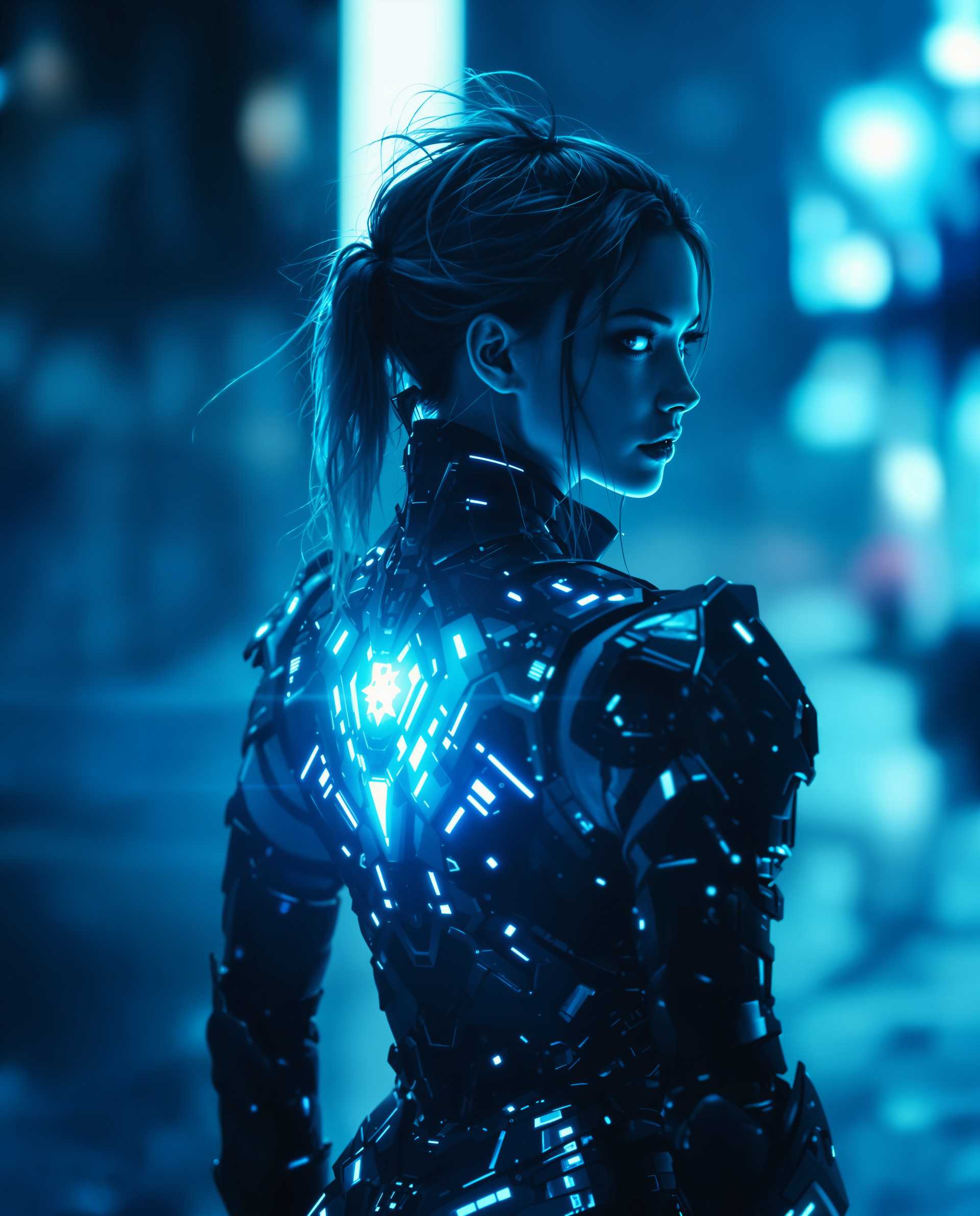 masterpiece, best quality, highres, sharp image, more detail <lora:more_details:0.5> <lora:SDXLrender_v2.0:1>, masterpiece, best quality, highres, sharp image, more detail, A hyper-realistic DSLR photograph captures a female character with a striking presence, centrally positioned with her back slightly turned to the viewer, creating intrigue and depth. Dramatic, moody lighting in cool blue tones bathes the scene, highlighting a glowing, magical element on her back as the focal point, while a blurred background ensures focus on her detailed cyberpunk-inspired armor. Shot with a 50mm lens, the image boasts cinematic 8K detail, emphasizing texture and a futuristic fantasy aesthetic.