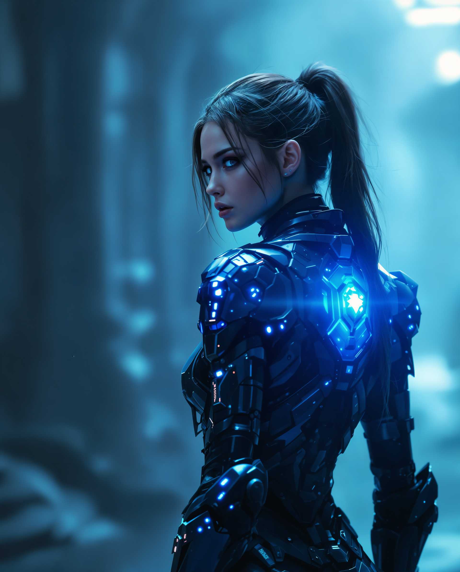 masterpiece, best quality, highres, sharp image, more detail <lora:more_details:0.5> <lora:SDXLrender_v2.0:1>, masterpiece, best quality, highres, sharp image, more detail, A hyper-realistic DSLR photograph captures a female character with a striking presence, centrally positioned with her back slightly turned to the viewer, creating intrigue and depth. Dramatic, moody lighting in cool blue tones bathes the scene, highlighting a glowing, magical element on her back as the focal point, while a blurred background ensures focus on her detailed cyberpunk-inspired armor. Shot with a 50mm lens, the image boasts cinematic 8K detail, emphasizing texture and a futuristic fantasy aesthetic.