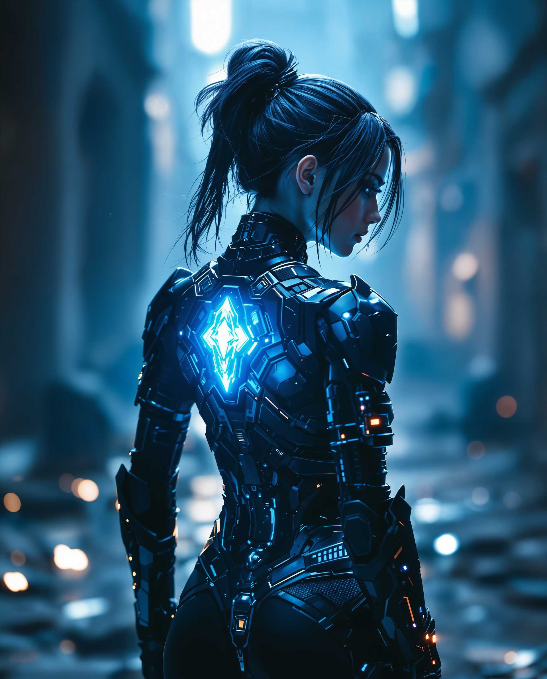 masterpiece, best quality, highres, sharp image, more detail <lora:more_details:0.5> <lora:SDXLrender_v2.0:1>, masterpiece, best quality, highres, sharp image, more detail, A hyper-realistic DSLR photograph captures a female character with a striking presence, centrally positioned with her back slightly turned to the viewer, creating intrigue and depth. Dramatic, moody lighting in cool blue tones bathes the scene, highlighting a glowing, magical element on her back as the focal point, while a blurred background ensures focus on her detailed cyberpunk-inspired armor. Shot with a 50mm lens, the image boasts cinematic 8K detail, emphasizing texture and a futuristic fantasy aesthetic.