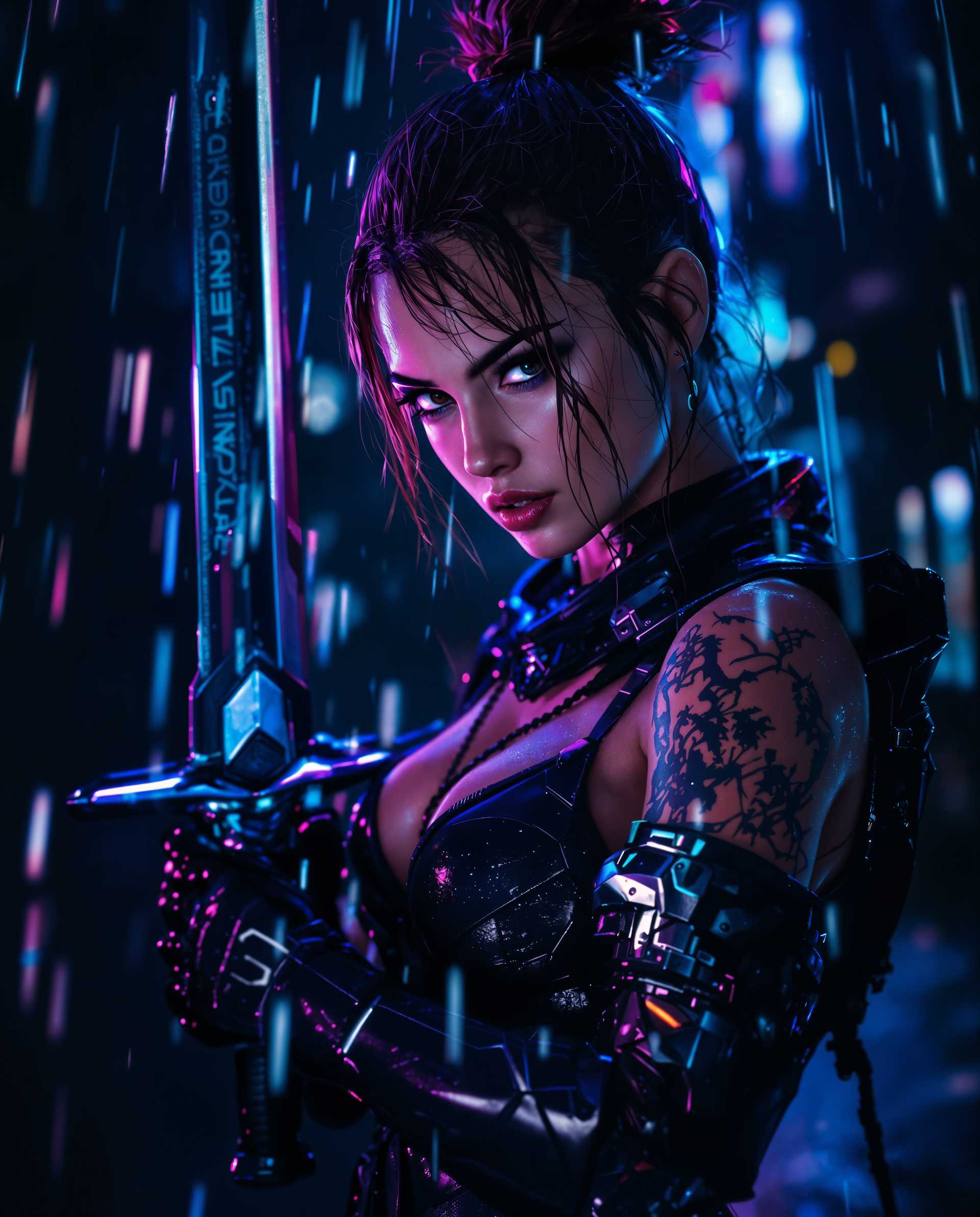 masterpiece, best quality, highres, sharp image, more detail <lora:more_details:0.5> <lora:SDXLrender_v2.0:1>, masterpiece, best quality, highres, sharp image, more detail, A photorealistic portrait of a fierce female warrior, blending cyberpunk and fantasy in a cinematic, atmospheric scene, captured as if with a DSLR camera using a 50 mm lens for shallow depth of field and 8K detail. Positioned off-center to the left against a dark, negative space background, she wields a glowing sword angled for depth, her tattooed skin and high-tech armor illuminated by moody blue and purple neon lighting in a rain-soaked, gritty urban night. Rain streaks across the frame, catching light to enhance the chaotic urgency, while dramatic highlights on her glossy armor and wet leather textures emphasize a tactile, three-dimensional quality.