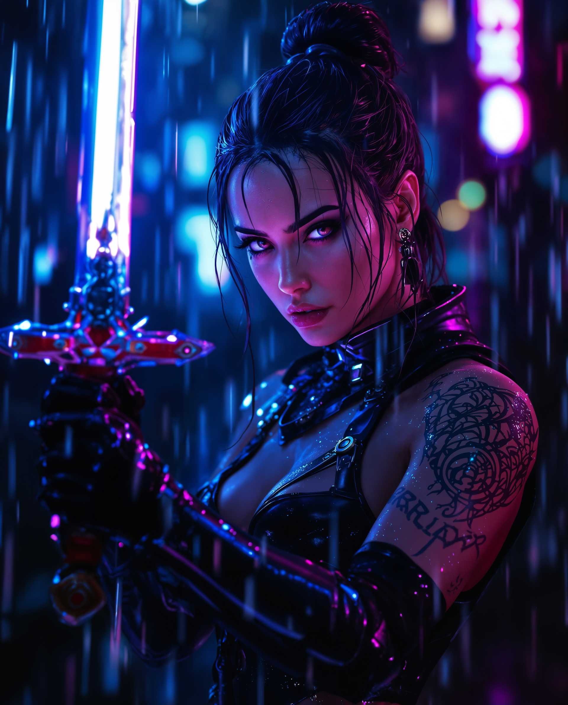 masterpiece, best quality, highres, sharp image, more detail <lora:more_details:0.5> <lora:SDXLrender_v2.0:1>, masterpiece, best quality, highres, sharp image, more detail, A photorealistic portrait of a fierce female warrior, blending cyberpunk and fantasy in a cinematic, atmospheric scene, captured as if with a DSLR camera using a 50 mm lens for shallow depth of field and 8K detail. Positioned off-center to the left against a dark, negative space background, she wields a glowing sword angled for depth, her tattooed skin and high-tech armor illuminated by moody blue and purple neon lighting in a rain-soaked, gritty urban night. Rain streaks across the frame, catching light to enhance the chaotic urgency, while dramatic highlights on her glossy armor and wet leather textures emphasize a tactile, three-dimensional quality.