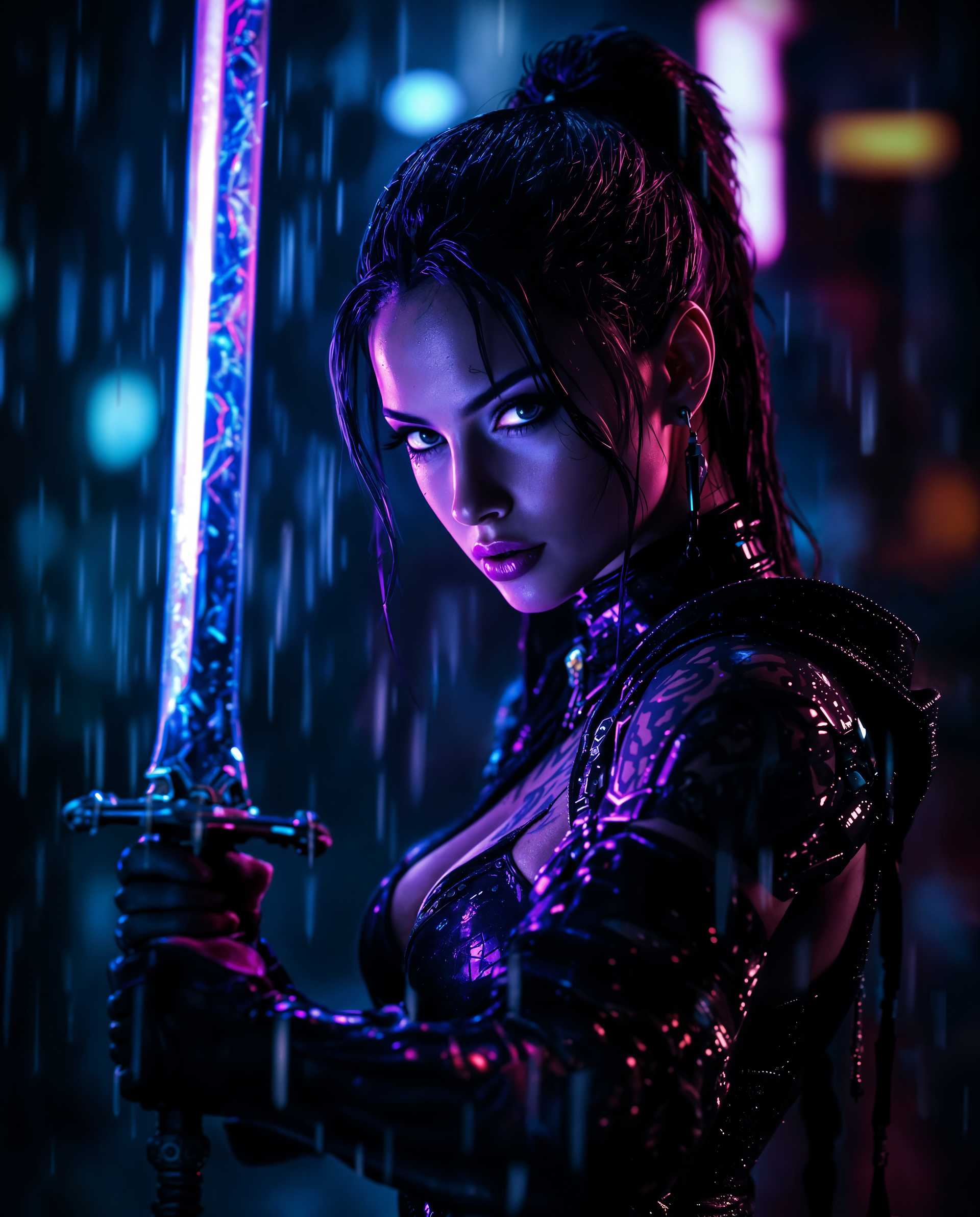 masterpiece, best quality, highres, sharp image, more detail <lora:more_details:0.5> <lora:SDXLrender_v2.0:1>, masterpiece, best quality, highres, sharp image, more detail, A photorealistic portrait of a fierce female warrior, blending cyberpunk and fantasy in a cinematic, atmospheric scene, captured as if with a DSLR camera using a 50 mm lens for shallow depth of field and 8K detail. Positioned off-center to the left against a dark, negative space background, she wields a glowing sword angled for depth, her tattooed skin and high-tech armor illuminated by moody blue and purple neon lighting in a rain-soaked, gritty urban night. Rain streaks across the frame, catching light to enhance the chaotic urgency, while dramatic highlights on her glossy armor and wet leather textures emphasize a tactile, three-dimensional quality.