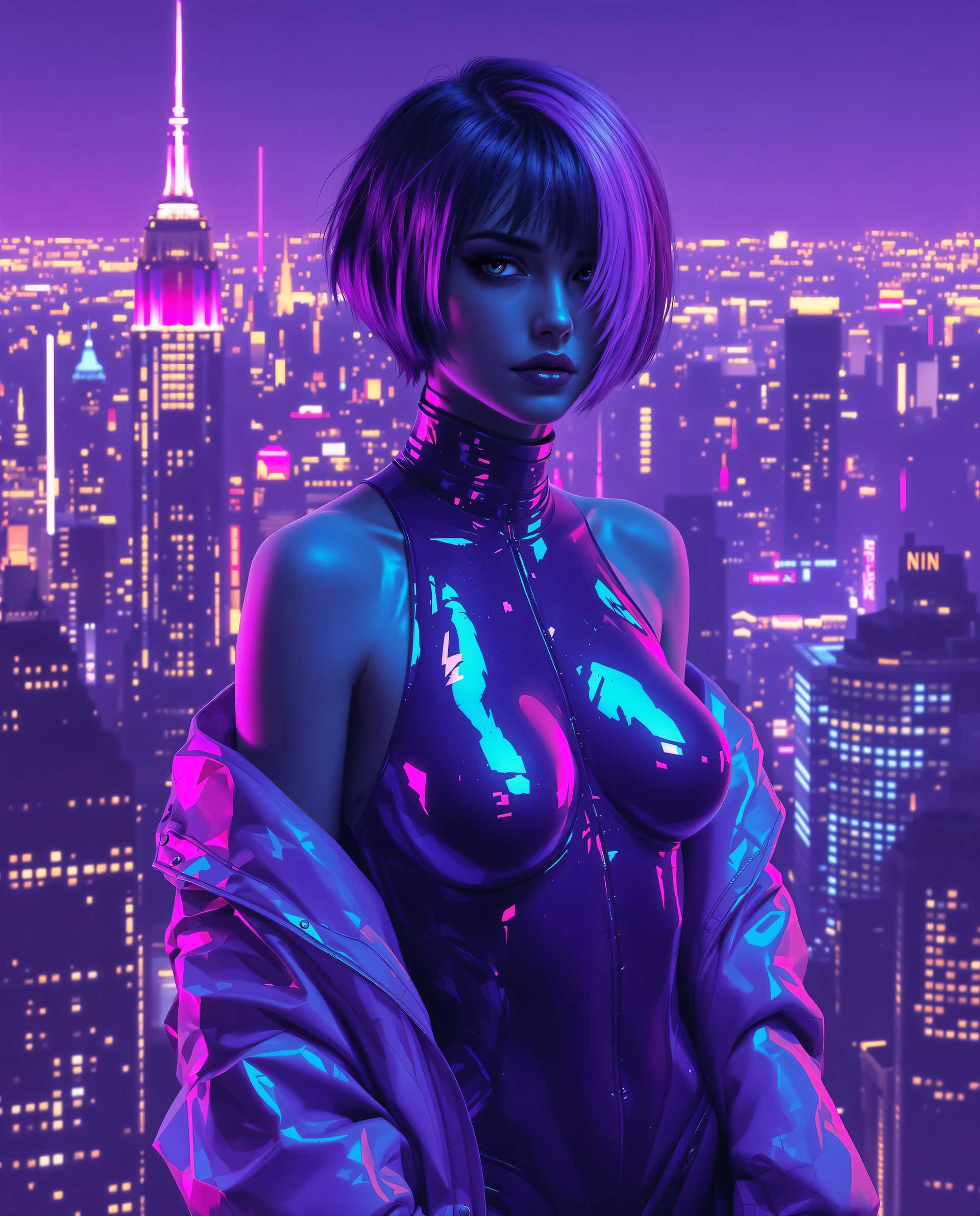 masterpiece, best quality, highres, sharp image, more detail <lora:more_details:0.5> <lora:SDXLrender_v2.0:1>, This image is a realistic photo (photograph) of a female real person digital artwork that features a cyberpunk inspired aesthetic. The art style is characterized by its futuristic elements, neon lights, and a blend of technology with human anatomy.The medium appears to be a digital painting, given the smooth gradients, the lack of texture, and the high level of detail that is typical in digital art. The image has a glossy finish, which adds to the cyberpunk ambiance.The colors in the image are predominantly purples and blues, with neon accents of pink and yellow. The purples range from deep violet to lighter lavender, creating a moody and atmospheric effect. The blues are cool and metallic, reminiscent of the night sky or the depths of space. The neon accents provide a stark contrast, drawing the eye and adding a sense of energy and motion.The objects in the image are primarily the figure and the cityscape in the background. The figure is wearing a tight, shiny bodysuit with a high neckline and a matching jacket. The bodysuit has a metallic sheen, reflecting the neon lights and giving the figure a sleek, robotic appearance. The jacket is draped over one shoulder, revealing the figures bare arm and shoulder. The figures hair is short and dark, with lighter purple highlights that match the overall color scheme of the outfit.The cityscape in the background is a dense cluster of skyscrapers, bathed in neon lights. The buildings are tall and narrow, with illuminated windows that suggest a vibrant, bustling city life. The neon lights create a sense of depth and movement, as if the city is alive and pulsing with energy.Overall, the image is a visually striking piece that captures the essence of cyberpunk with its blend of technology, neon lights, and futuristic fashion. The glossy finish and the use of color enhance the cyberpunk aesthetic, making the image both visually appealing and thematically rich.