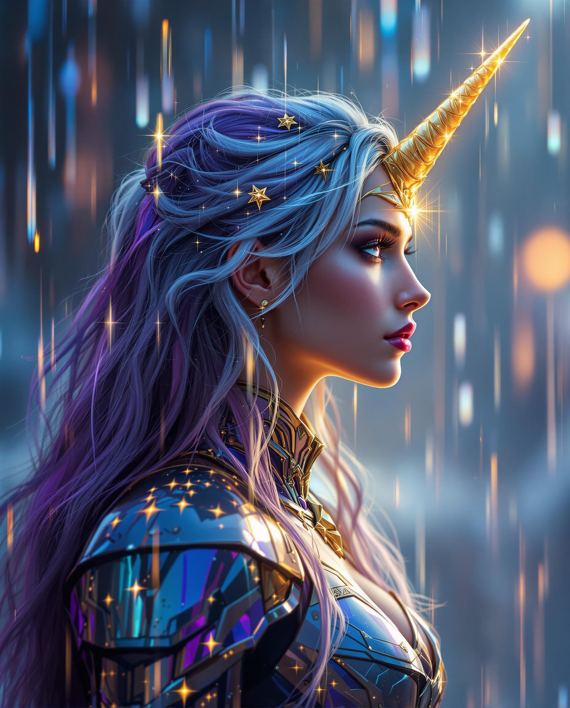A breathtaking digital painting of a female figure in profile, embodying a fantasy and sci-fi aesthetic, captured with photorealistic precision. Her long, flowing hair shifts from deep purple to silvery tips, adorned with sparkling starlike embellishments, while a glowing golden unicorn horn on her forehead enhances her ethereal presence. She wears intricate metallic armor in purples, blues, silvers, and gold, illuminated from within, set against a blurred background of cascading raindrops in blues and purples, streaked with golden sunset light, reflecting off the armor for a magical, cinematic depth.