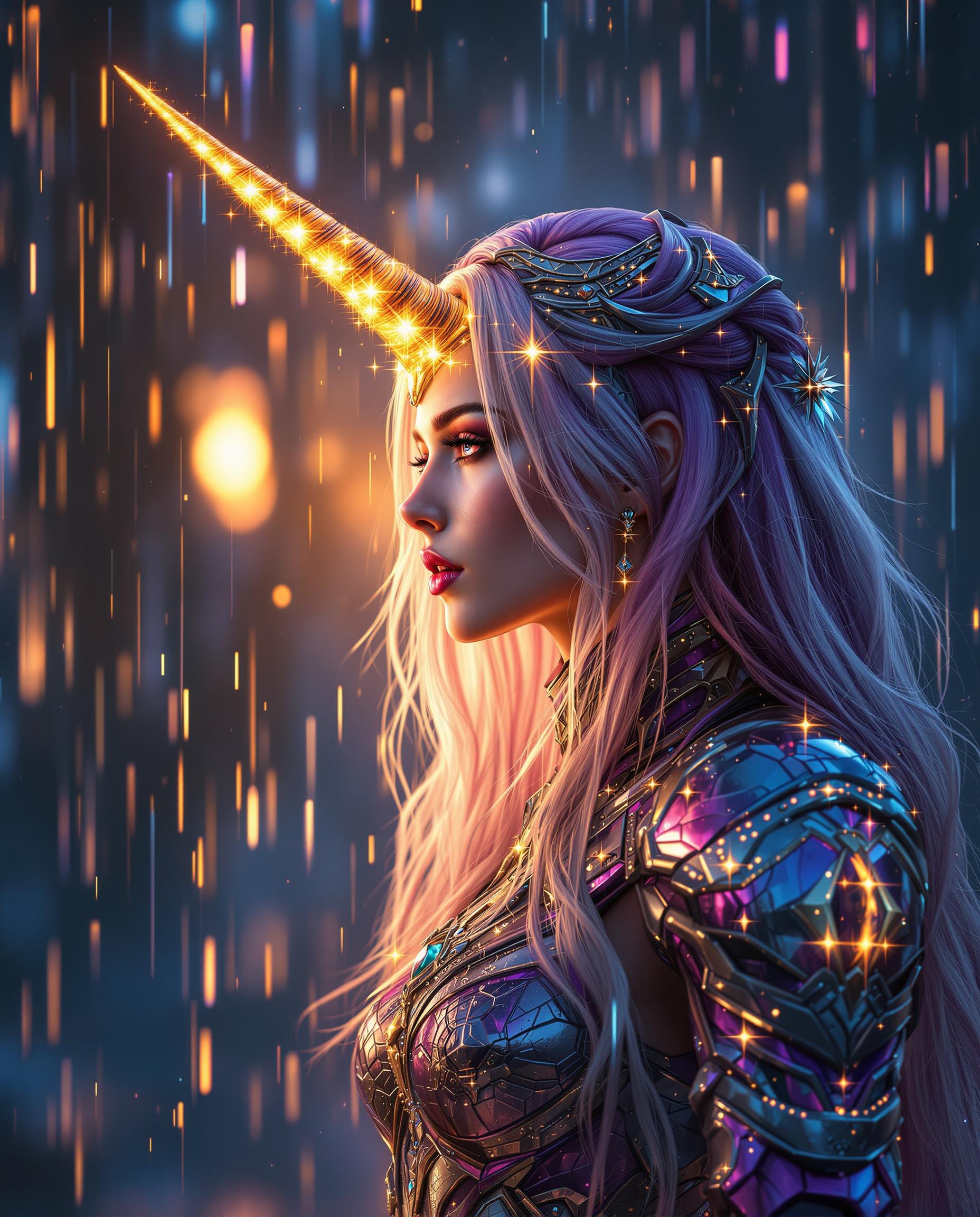 A breathtaking digital painting of a female figure in profile, embodying a fantasy and sci-fi aesthetic, captured with photorealistic precision. Her long, flowing hair shifts from deep purple to silvery tips, adorned with sparkling starlike embellishments, while a glowing golden unicorn horn on her forehead enhances her ethereal presence. She wears intricate metallic armor in purples, blues, silvers, and gold, illuminated from within, set against a blurred background of cascading raindrops in blues and purples, streaked with golden sunset light, reflecting off the armor for a magical, cinematic depth.
