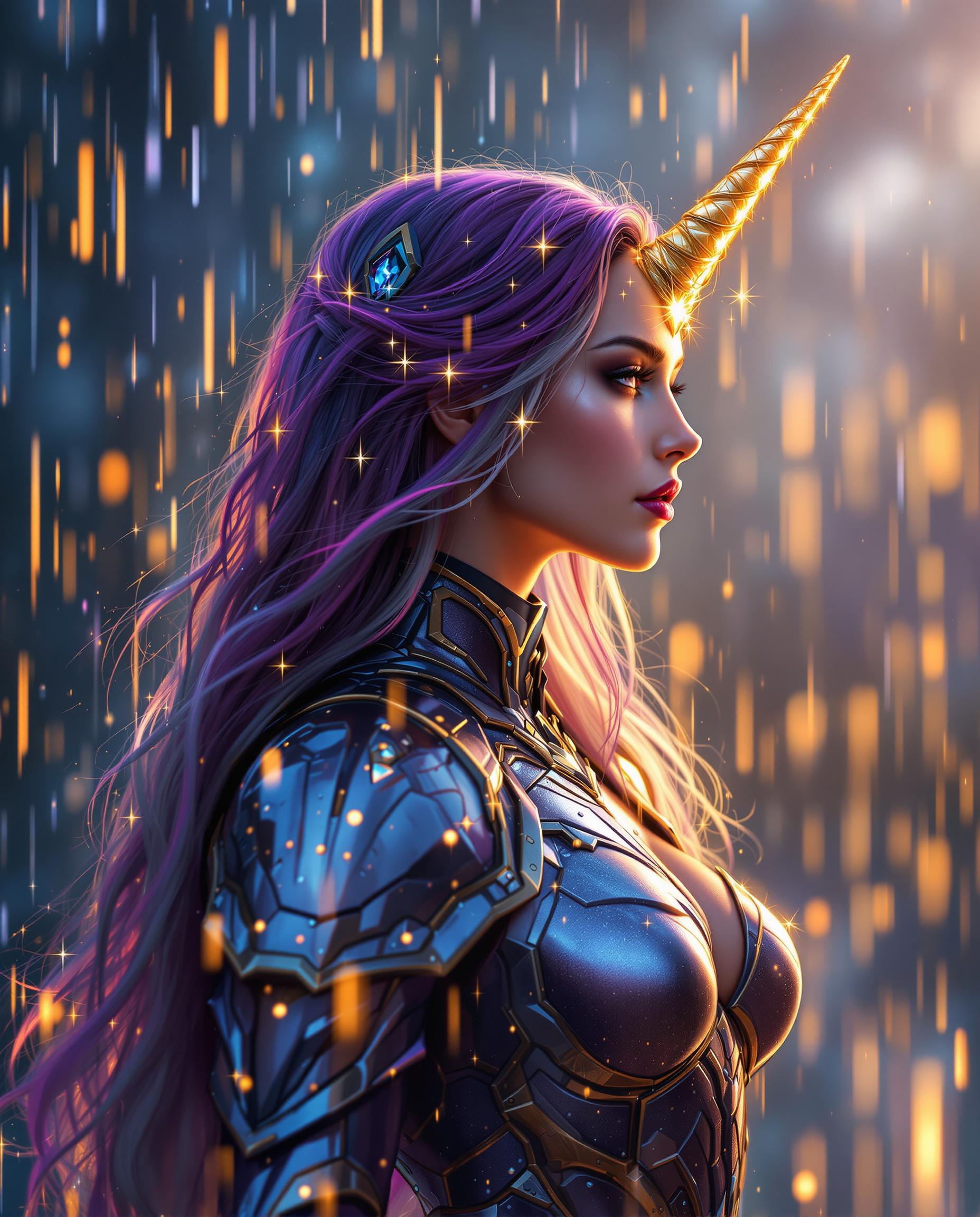 A breathtaking digital painting of a female figure in profile, embodying a fantasy and sci-fi aesthetic, captured with photorealistic precision. Her long, flowing hair shifts from deep purple to silvery tips, adorned with sparkling starlike embellishments, while a glowing golden unicorn horn on her forehead enhances her ethereal presence. She wears intricate metallic armor in purples, blues, silvers, and gold, illuminated from within, set against a blurred background of cascading raindrops in blues and purples, streaked with golden sunset light, reflecting off the armor for a magical, cinematic depth.