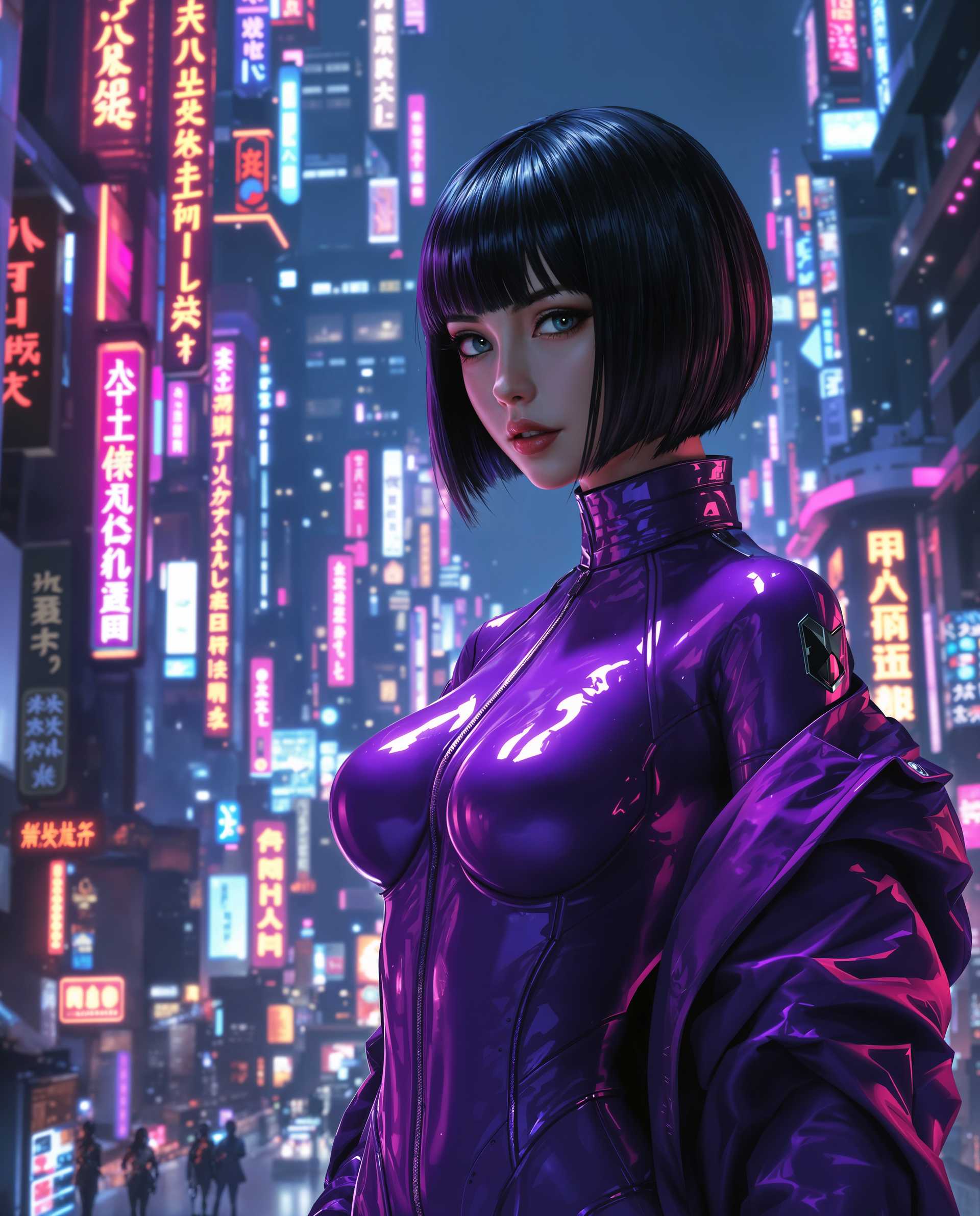 masterpiece, best quality, highres, sharp image, more detail <lora:more_details:0.5> <lora:SDXLrender_v2.0:1>, masterpiece, best quality, highres, sharp image, more detail, This image is a realistic photo (photograph) of a female real person digital artwork that features a cyberpunk inspired character. The art style is highly detailed and realistic, with a focus on the characters anatomy and the futuristic cityscape in the background. The medium appears to be a digital painting, utilizing advanced software to create the textures and lighting. The colors are rich and vibrant, with a predominance of purples, blues, and neon accents that give the image a nighttime, urban atmosphere. The lighting is dynamic, with highlights and shadows that add depth and realism to the scene.The character is dressed in a futuristic outfit that consists of a metallic, purple bodysuit with a high neckline and a matching jacket. The outfit has a sleek, formfitting design that emphasizes the characters curves. The bodysuit and jacket have a glossy finish, reflecting the neon lights in the background and adding to the overall cyberpunk aesthetic.The characters hair is short and dark, with bangs that frame the face. The hair has a slight sheen, as if its been treated with a special substance to enhance its reflective qualities.The cityscape in the background is a dense collection of skyscrapers, each adorned with neon signs and illuminated windows. The buildings are tall and narrow, with a futuristic design that suggests a hightech, advanced society. The neon signs are bright and colorful, with Chinese characters that contribute to the cyberpunk ambiance of the scene.Overall, the image is a stunning representation of cyberpunk aesthetics, with a focus on futuristic fashion and a vibrant, neonlit cityscape. The attention to detail in the characters outfit and the intricate design of the cityscape make this a visually compelling piece of art.