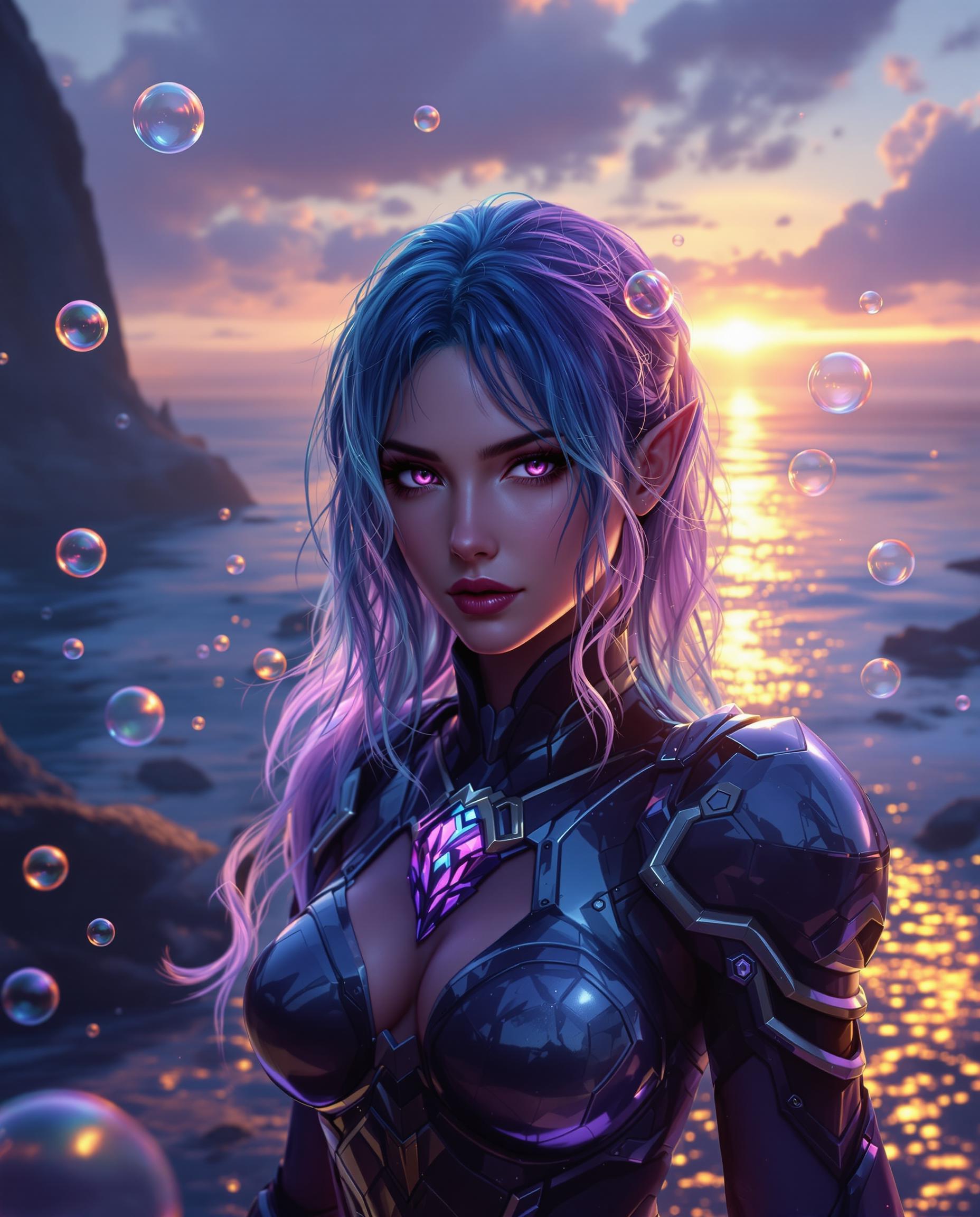 This image is a realistic photo (photograph) of a female real person digital artwork that features a fantasy character. The art style is highly stylized and appears to be a blend of fantasy and science fiction elements. The medium seems to be a digital painting, given the smooth gradients and the way light and shadow are applied.The colors in the image are rich and vibrant, with a predominance of purples, blues, and blacks. The characters hair is a gradient of purples and blues, with a few strands highlighted in a lighter shade that gives it a wet look, as if it has just been washed or is shimmering under the light. The armor worn by the character is metallic, with a dark blue and black color scheme, and it has a highgloss finish that reflects the light.The objects in the image are numerous and varied. There are bubbles floating around the character, which are translucent and shimmering, catching the light and giving the scene a magical feel. The bubbles are of various sizes and are scattered throughout the image, some closer to the character and others further away. In the background, there is a body of water, which is shimmering with reflections of the sunset or sunrise, depending on the time of day. The water is dark blue, and the reflections are golden, with a gradient from yellow to orange to red. The horizon is not visible, but the light suggests that it is either dawn or dusk.The sky is overcast, with clouds that are dark and brooding, which contrasts with the lighter, more ethereal elements in the foreground. The clouds are scattered across the sky, and some of them are illuminated by the light, giving them a soft glow.Overall, the image is a rich tapestry of fantasy elements, with a focus on the character and the magical atmosphere created by the bubbles and the shimmering water. The use of light and shadow adds depth and dimension to the scene, making it both visually striking and evocative.