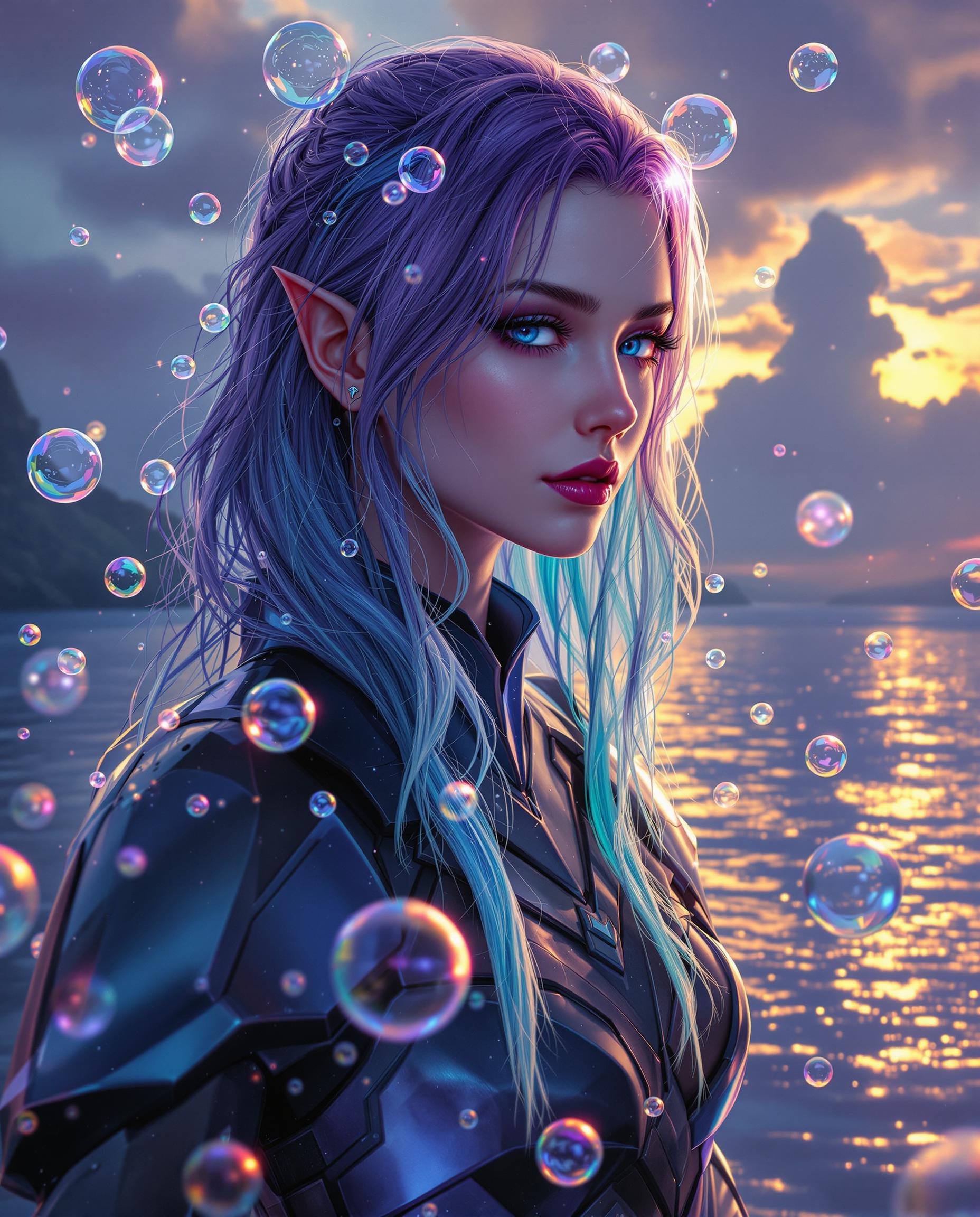 This image is a realistic photo (photograph) of a female real person digital artwork that features a fantasy character. The art style is highly stylized and appears to be a blend of fantasy and science fiction elements. The medium seems to be a digital painting, given the smooth gradients and the way light and shadow are applied.The colors in the image are rich and vibrant, with a predominance of purples, blues, and blacks. The characters hair is a gradient of purples and blues, with a few strands highlighted in a lighter shade that gives it a wet look, as if it has just been washed or is shimmering under the light. The armor worn by the character is metallic, with a dark blue and black color scheme, and it has a highgloss finish that reflects the light.The objects in the image are numerous and varied. There are bubbles floating around the character, which are translucent and shimmering, catching the light and giving the scene a magical feel. The bubbles are of various sizes and are scattered throughout the image, some closer to the character and others further away. In the background, there is a body of water, which is shimmering with reflections of the sunset or sunrise, depending on the time of day. The water is dark blue, and the reflections are golden, with a gradient from yellow to orange to red. The horizon is not visible, but the light suggests that it is either dawn or dusk.The sky is overcast, with clouds that are dark and brooding, which contrasts with the lighter, more ethereal elements in the foreground. The clouds are scattered across the sky, and some of them are illuminated by the light, giving them a soft glow.Overall, the image is a rich tapestry of fantasy elements, with a focus on the character and the magical atmosphere created by the bubbles and the shimmering water. The use of light and shadow adds depth and dimension to the scene, making it both visually striking and evocative.