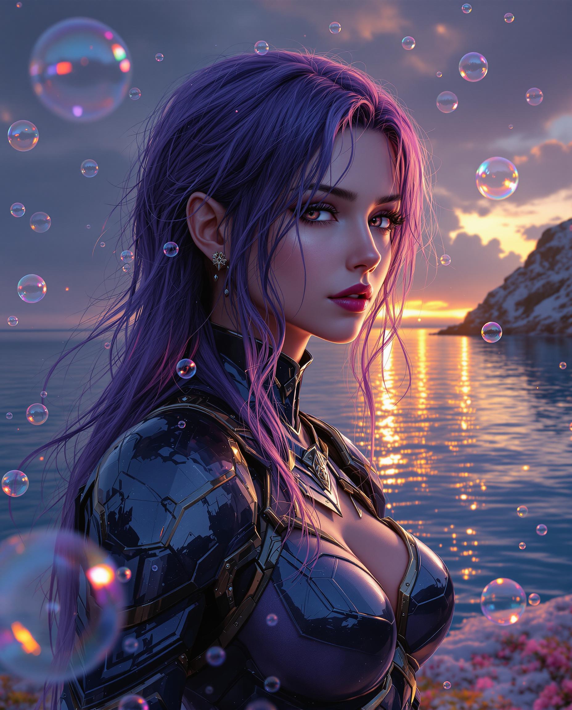 This image is a realistic photo (photograph) of a female real person digital artwork that features a fantasy character. The art style is highly stylized and appears to be a blend of fantasy and science fiction elements. The medium seems to be a digital painting, given the smooth gradients and the way light and shadow are applied.The colors in the image are rich and vibrant, with a predominance of purples, blues, and blacks. The characters hair is a gradient of purples and blues, with a few strands highlighted in a lighter shade that gives it a wet look, as if it has just been washed or is shimmering under the light. The armor worn by the character is metallic, with a dark blue and black color scheme, and it has a highgloss finish that reflects the light.The objects in the image are numerous and varied. There are bubbles floating around the character, which are translucent and shimmering, catching the light and giving the scene a magical feel. The bubbles are of various sizes and are scattered throughout the image, some closer to the character and others further away. In the background, there is a body of water, which is shimmering with reflections of the sunset or sunrise, depending on the time of day. The water is dark blue, and the reflections are golden, with a gradient from yellow to orange to red. The horizon is not visible, but the light suggests that it is either dawn or dusk.The sky is overcast, with clouds that are dark and brooding, which contrasts with the lighter, more ethereal elements in the foreground. The clouds are scattered across the sky, and some of them are illuminated by the light, giving them a soft glow.Overall, the image is a rich tapestry of fantasy elements, with a focus on the character and the magical atmosphere created by the bubbles and the shimmering water. The use of light and shadow adds depth and dimension to the scene, making it both visually striking and evocative.