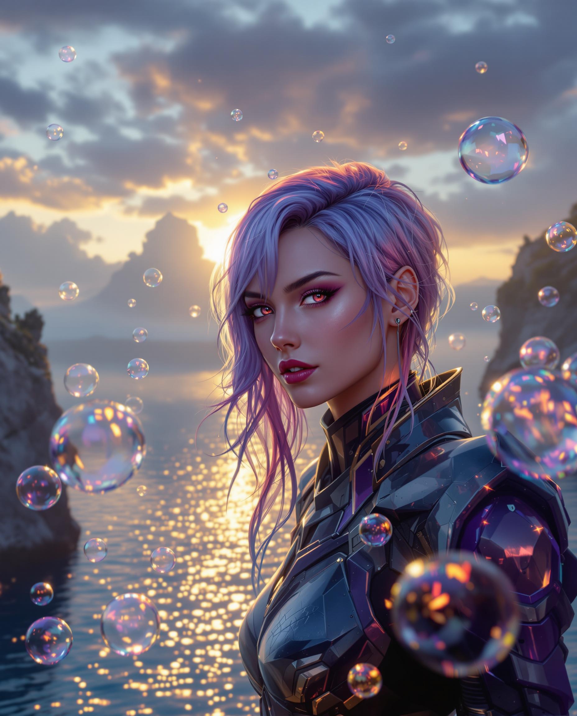 This image is a realistic photo (photograph) of a female real person digital artwork that features a fantasy character. The art style is highly stylized and appears to be a blend of fantasy and science fiction elements. The medium seems to be a digital painting, given the smooth gradients and the way light and shadow are applied.The colors in the image are rich and vibrant, with a predominance of purples, blues, and blacks. The characters hair is a gradient of purples and blues, with a few strands highlighted in a lighter shade that gives it a wet look, as if it has just been washed or is shimmering under the light. The armor worn by the character is metallic, with a dark blue and black color scheme, and it has a highgloss finish that reflects the light.The objects in the image are numerous and varied. There are bubbles floating around the character, which are translucent and shimmering, catching the light and giving the scene a magical feel. The bubbles are of various sizes and are scattered throughout the image, some closer to the character and others further away. In the background, there is a body of water, which is shimmering with reflections of the sunset or sunrise, depending on the time of day. The water is dark blue, and the reflections are golden, with a gradient from yellow to orange to red. The horizon is not visible, but the light suggests that it is either dawn or dusk.The sky is overcast, with clouds that are dark and brooding, which contrasts with the lighter, more ethereal elements in the foreground. The clouds are scattered across the sky, and some of them are illuminated by the light, giving them a soft glow.Overall, the image is a rich tapestry of fantasy elements, with a focus on the character and the magical atmosphere created by the bubbles and the shimmering water. The use of light and shadow adds depth and dimension to the scene, making it both visually striking and evocative.