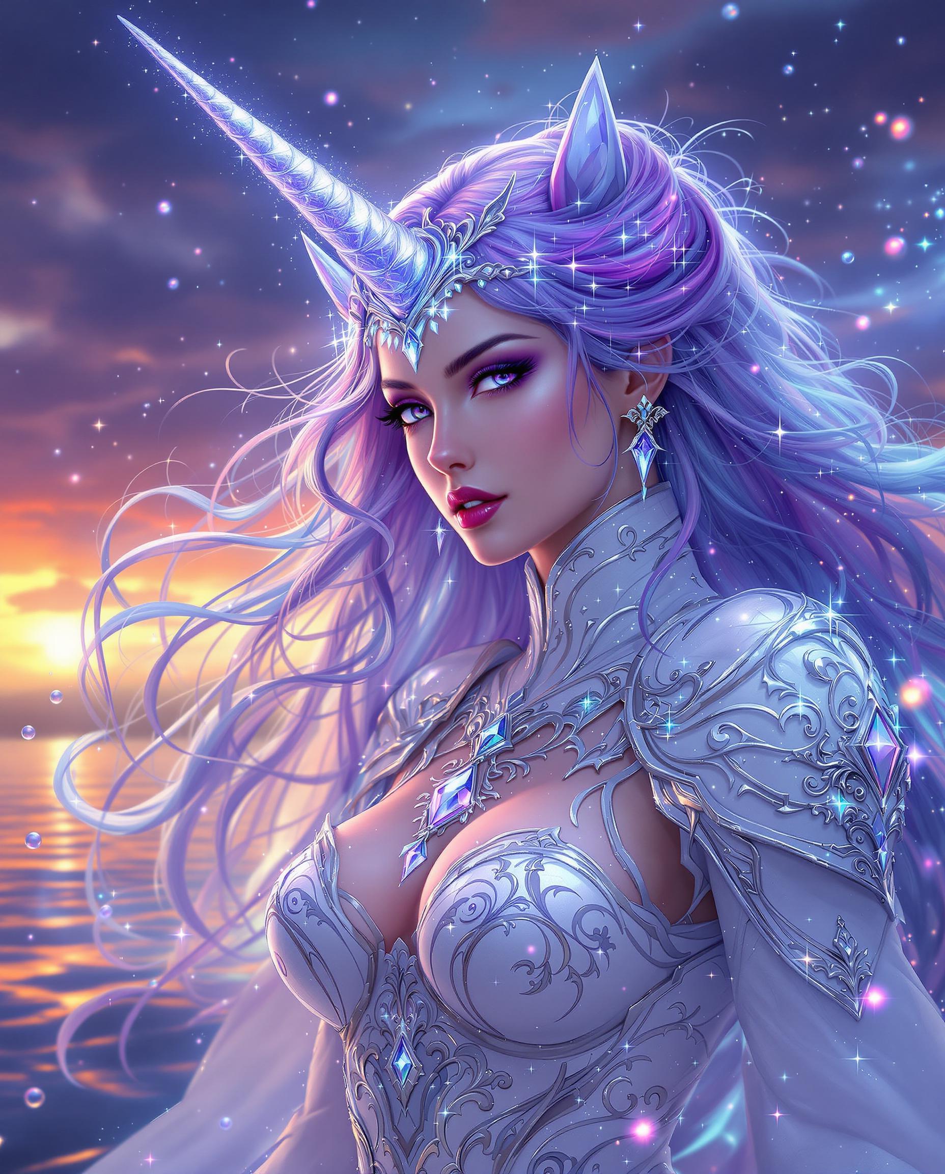 A breathtaking digital painting of a mystical female figure with a unicorn horn, exuding a magical and ethereal aura, captured in a highly stylized fantasy art style with intricate details and vibrant colors. Her cascading hair glows with sparkling energy, blending deep violets to icy blues, while her ornate white costume with silver filigree and crystal-like sparkles resembles regal armor. The twilight background merges sunset oranges into cool purples, with rippling water and scattered bubbles enhancing the otherworldly, dynamic atmosphere.