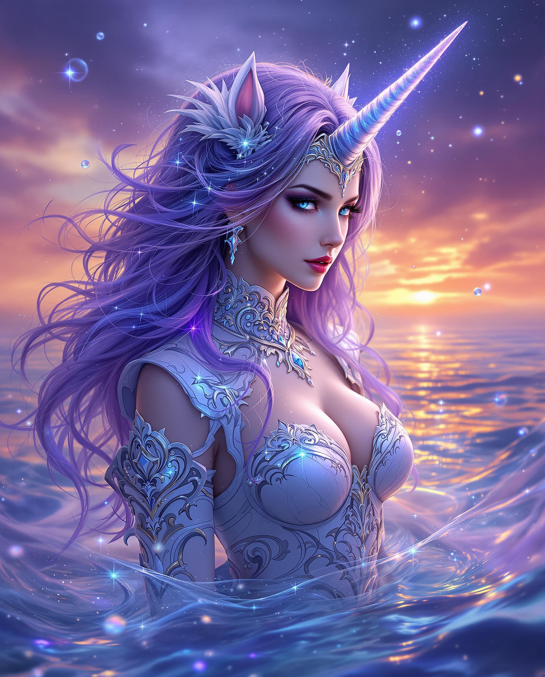 A breathtaking digital painting of a mystical female figure with a unicorn horn, exuding a magical and ethereal aura, captured in a highly stylized fantasy art style with intricate details and vibrant colors. Her cascading hair glows with sparkling energy, blending deep violets to icy blues, while her ornate white costume with silver filigree and crystal-like sparkles resembles regal armor. The twilight background merges sunset oranges into cool purples, with rippling water and scattered bubbles enhancing the otherworldly, dynamic atmosphere.
