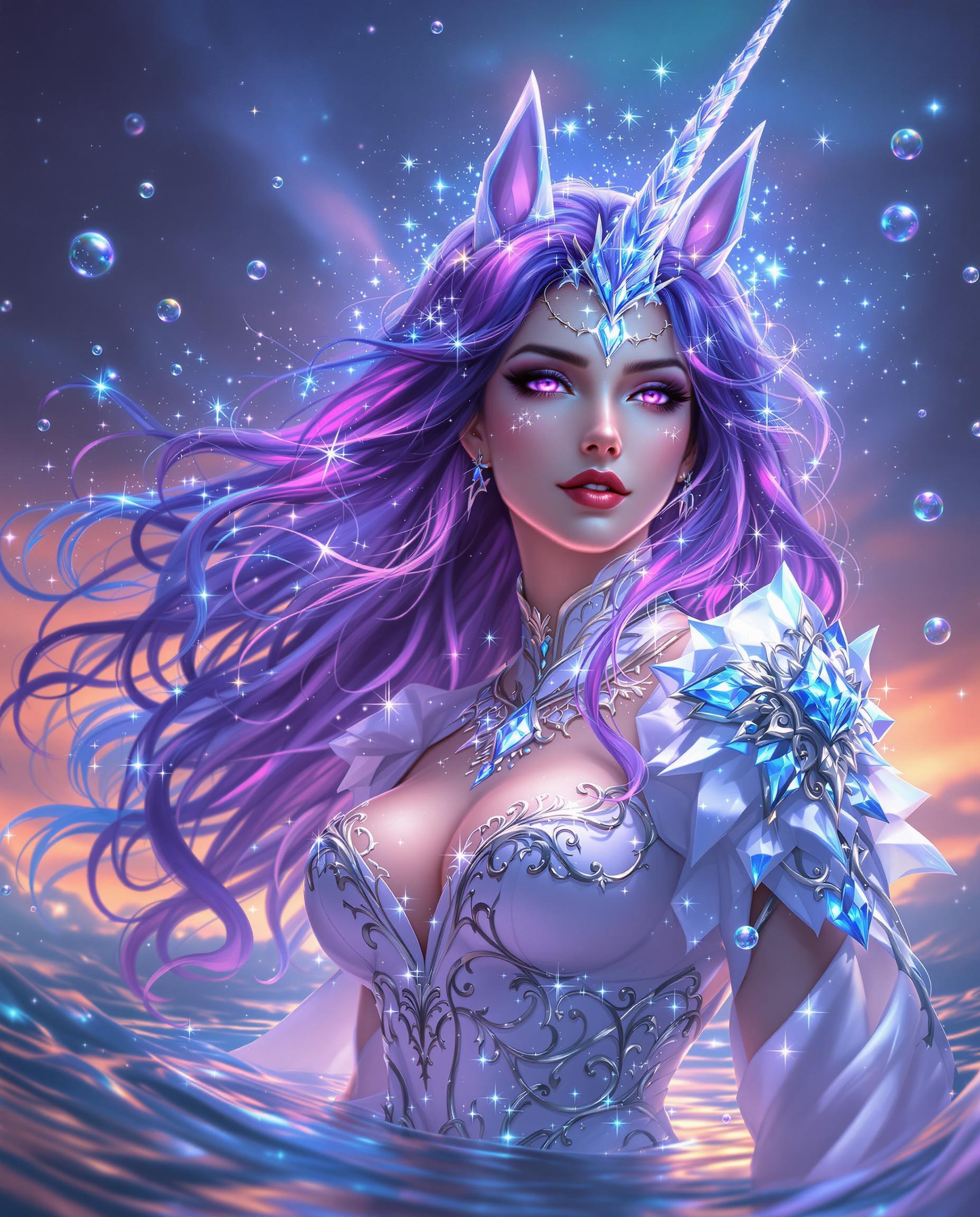 A breathtaking digital painting of a mystical female figure with a unicorn horn, exuding a magical and ethereal aura, captured in a highly stylized fantasy art style with intricate details and vibrant colors. Her cascading hair glows with sparkling energy, blending deep violets to icy blues, while her ornate white costume with silver filigree and crystal-like sparkles resembles regal armor. The twilight background merges sunset oranges into cool purples, with rippling water and scattered bubbles enhancing the otherworldly, dynamic atmosphere.