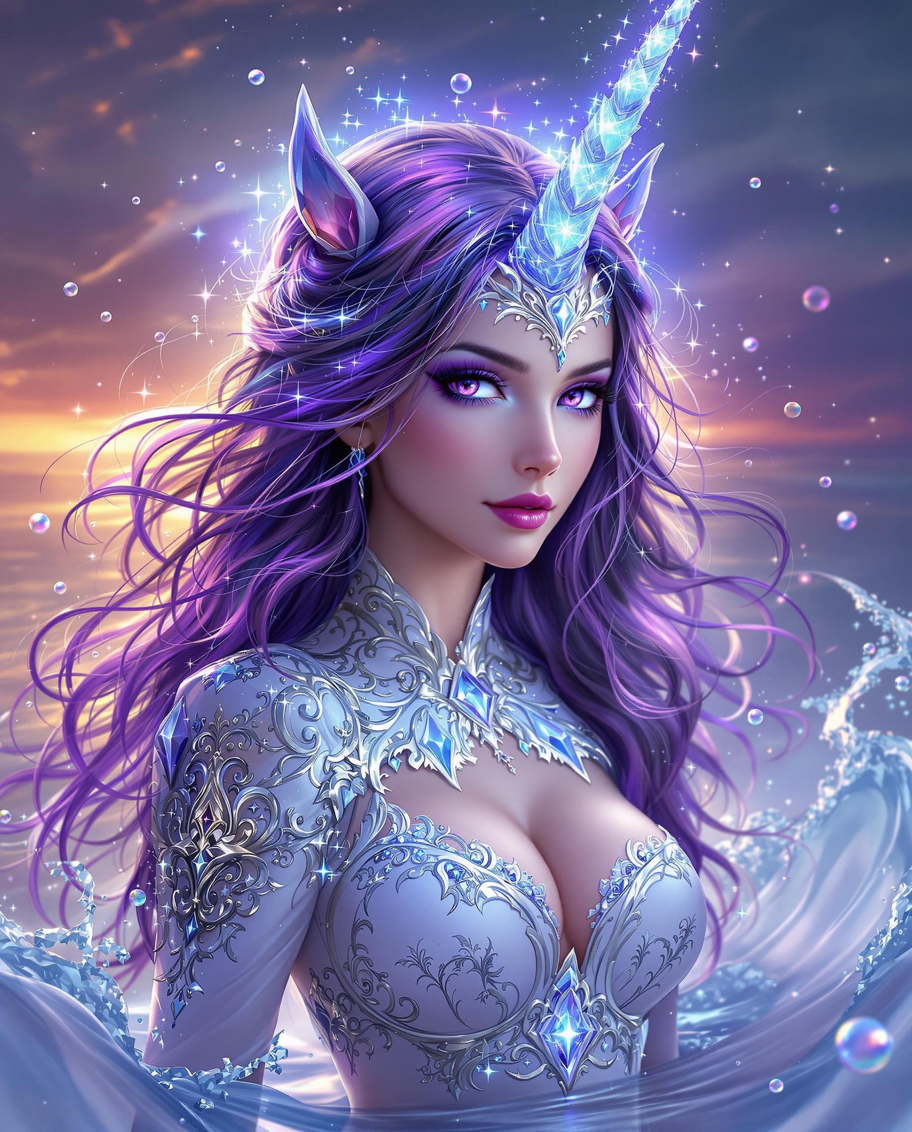 A breathtaking digital painting of a mystical female figure with a unicorn horn, exuding a magical and ethereal aura, captured in a highly stylized fantasy art style with intricate details and vibrant colors. Her cascading hair glows with sparkling energy, blending deep violets to icy blues, while her ornate white costume with silver filigree and crystal-like sparkles resembles regal armor. The twilight background merges sunset oranges into cool purples, with rippling water and scattered bubbles enhancing the otherworldly, dynamic atmosphere.