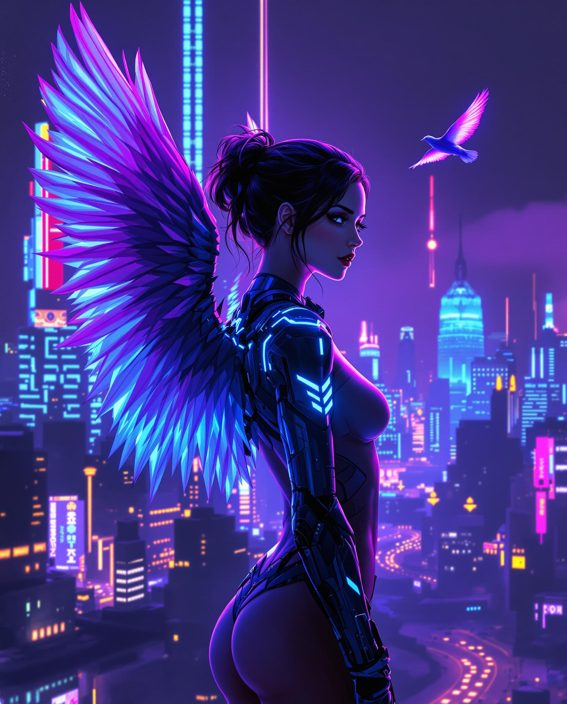 This image is a realistic photo (photograph) of a female real person digital artwork that exudes a cyberpunk vibe, characterized by its futuristic and neonlit aesthetic. The art style is highly stylized with a focus on sharp lines and a threedimensional quality, achieved through the use of lighting and shadow.The medium appears to be digital painting, as evidenced by the smooth gradients and seamless blending of colors. The image is rich in texture, from the glossy sheen of the armor to the softness of the hair.The colors are predominantly purples and blues, with neon accents that add to the cyberpunk feel. The purple tones range from deep violet to lighter lavender, creating a moody and atmospheric effect. The blues are cool and electric, with neon pink and cyan highlights that pop against the darker background.The objects in the image include1. A figure with a cybernetic arm, which is sleek and metallic, with glowing blue details that suggest advanced technology.2. Feathered wings that extend from the figures back, giving the appearance of a bird. The wings are detailed with a gradient of purples and blues, with neon blue highlights that shimmer.3. A futuristic cityscape in the background, with towering skyscrapers and neon signs. The city is bathed in a purple and blue light, with streaks of red and yellow, adding to the cyberpunk ambiance.4. A bird in flight, with its wings spread wide, is silhouetted against the cityscape. It has a similar neon glow to the wings of the figure, reinforcing the cyberpunk theme.Overall, the image is a striking visual representation of a cyberpunk world, blending elements of technology, fantasy, and urban nightscapes.