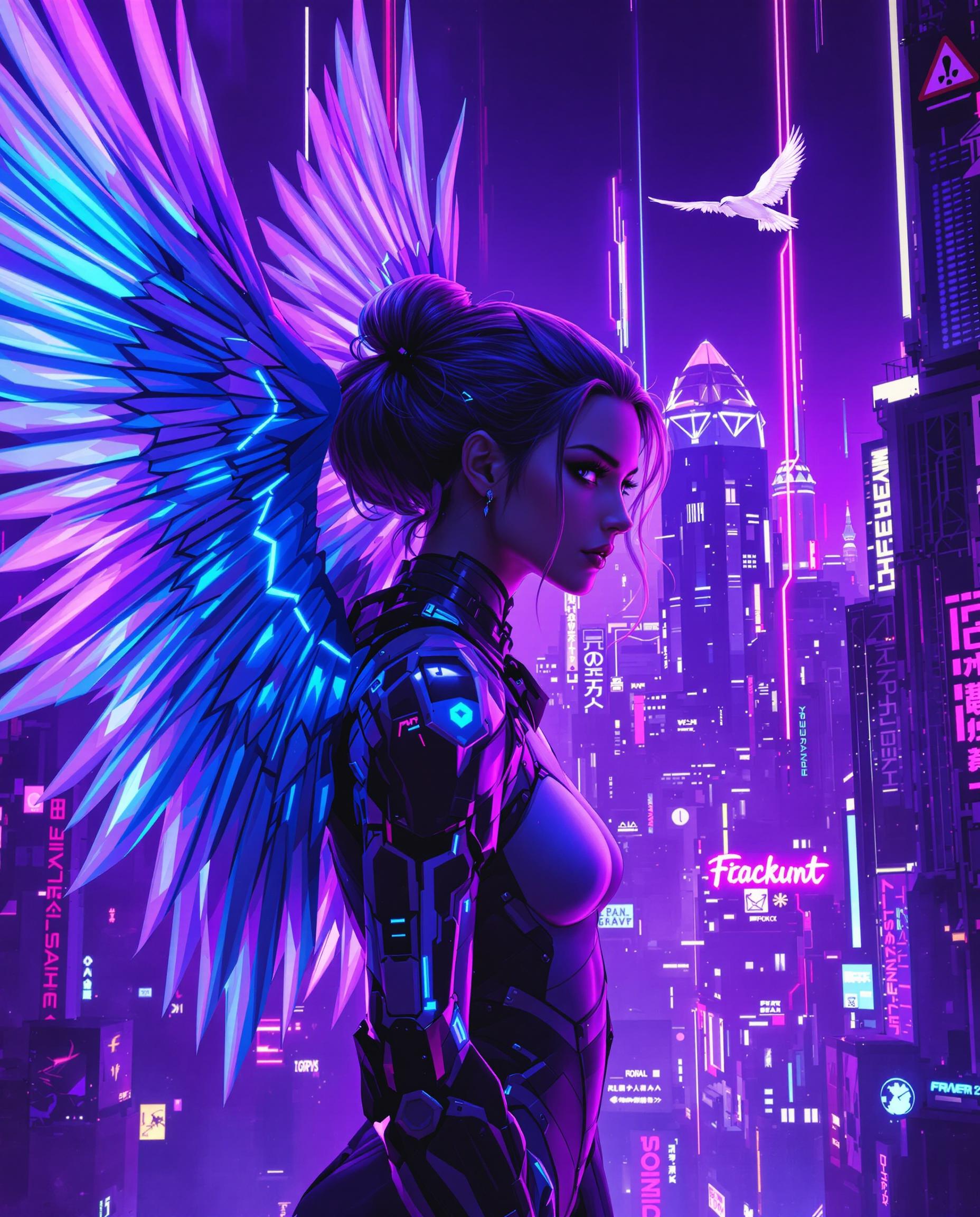 This image is a realistic photo (photograph) of a female real person digital artwork that exudes a cyberpunk vibe, characterized by its futuristic and neonlit aesthetic. The art style is highly stylized with a focus on sharp lines and a threedimensional quality, achieved through the use of lighting and shadow.The medium appears to be digital painting, as evidenced by the smooth gradients and seamless blending of colors. The image is rich in texture, from the glossy sheen of the armor to the softness of the hair.The colors are predominantly purples and blues, with neon accents that add to the cyberpunk feel. The purple tones range from deep violet to lighter lavender, creating a moody and atmospheric effect. The blues are cool and electric, with neon pink and cyan highlights that pop against the darker background.The objects in the image include1. A figure with a cybernetic arm, which is sleek and metallic, with glowing blue details that suggest advanced technology.2. Feathered wings that extend from the figures back, giving the appearance of a bird. The wings are detailed with a gradient of purples and blues, with neon blue highlights that shimmer.3. A futuristic cityscape in the background, with towering skyscrapers and neon signs. The city is bathed in a purple and blue light, with streaks of red and yellow, adding to the cyberpunk ambiance.4. A bird in flight, with its wings spread wide, is silhouetted against the cityscape. It has a similar neon glow to the wings of the figure, reinforcing the cyberpunk theme.Overall, the image is a striking visual representation of a cyberpunk world, blending elements of technology, fantasy, and urban nightscapes.