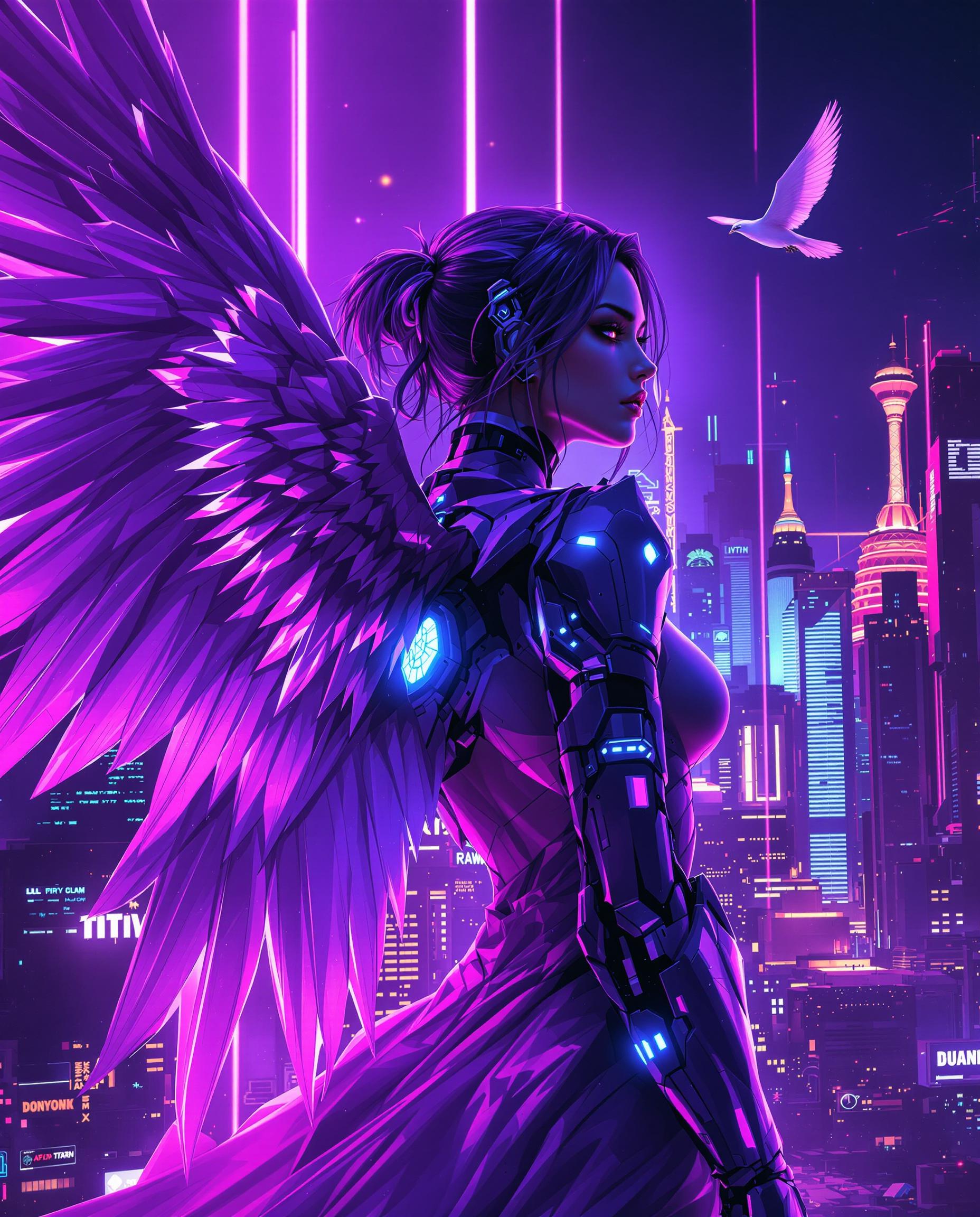 This image is a realistic photo (photograph) of a female real person digital artwork that exudes a cyberpunk vibe, characterized by its futuristic and neonlit aesthetic. The art style is highly stylized with a focus on sharp lines and a threedimensional quality, achieved through the use of lighting and shadow.The medium appears to be digital painting, as evidenced by the smooth gradients and seamless blending of colors. The image is rich in texture, from the glossy sheen of the armor to the softness of the hair.The colors are predominantly purples and blues, with neon accents that add to the cyberpunk feel. The purple tones range from deep violet to lighter lavender, creating a moody and atmospheric effect. The blues are cool and electric, with neon pink and cyan highlights that pop against the darker background.The objects in the image include1. A figure with a cybernetic arm, which is sleek and metallic, with glowing blue details that suggest advanced technology.2. Feathered wings that extend from the figures back, giving the appearance of a bird. The wings are detailed with a gradient of purples and blues, with neon blue highlights that shimmer.3. A futuristic cityscape in the background, with towering skyscrapers and neon signs. The city is bathed in a purple and blue light, with streaks of red and yellow, adding to the cyberpunk ambiance.4. A bird in flight, with its wings spread wide, is silhouetted against the cityscape. It has a similar neon glow to the wings of the figure, reinforcing the cyberpunk theme.Overall, the image is a striking visual representation of a cyberpunk world, blending elements of technology, fantasy, and urban nightscapes.