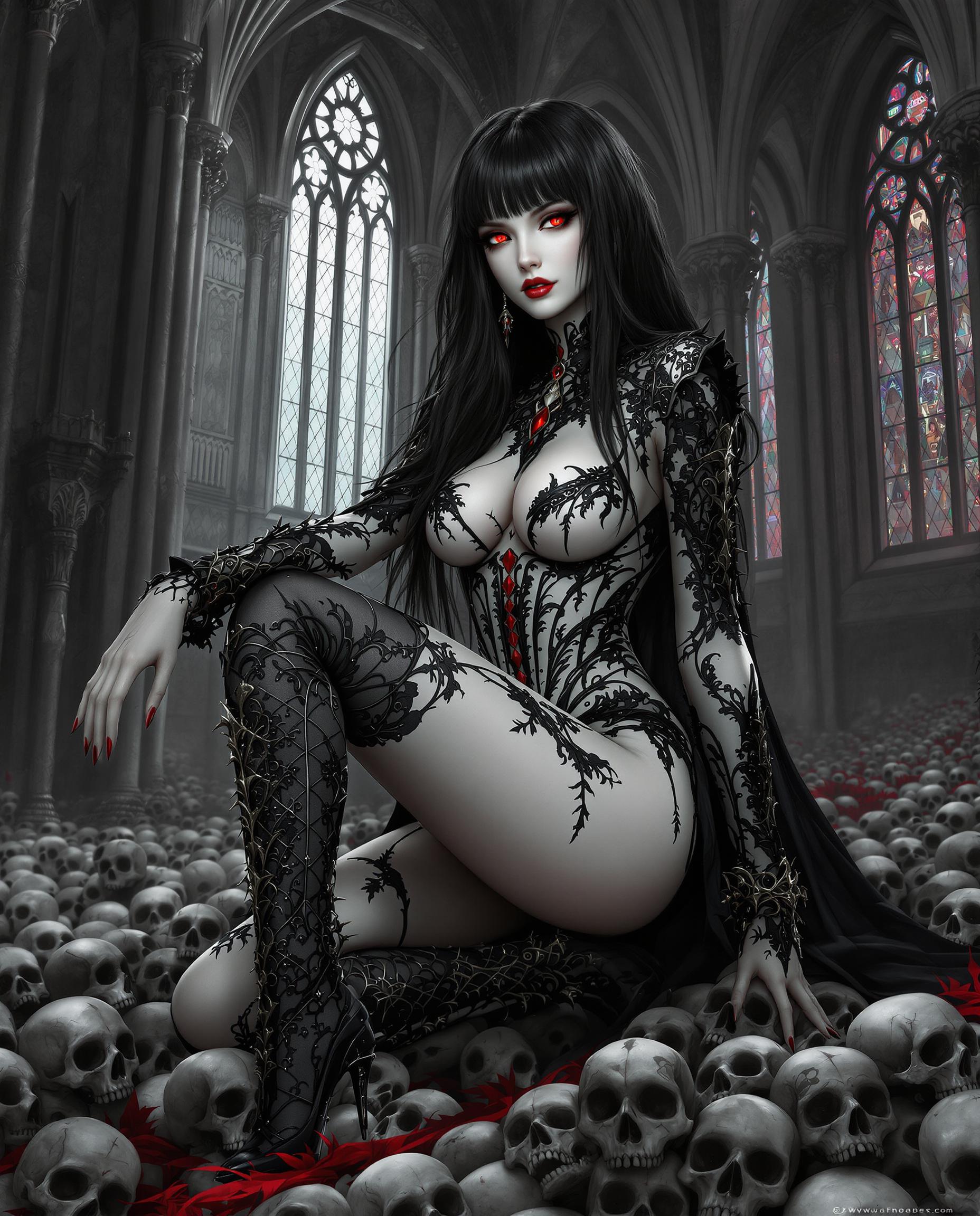 This image is a realistic photo (photograph) of a female real person digital artwork that features a character dressed in a gothic inspired outfit, set against a backdrop of a gothic cathedral. The art style is highly detailed and realistic, with a focus on textures and lighting that give the image a three dimensional quality.The medium appears to be a digital painting, utilizing advanced software to create the intricate details and shading. The colors are rich and varied, with a predominance of black, white, and gray, punctuated by splashes of red and hints of pink. The gothic elements are emphasized by the pointed arches of the cathedral, the flying buttresses, and the ornate tracery of the stained glass windows.The character is wearing a tightfitting bodice with a high neckline and long sleeves, both adorned with intricate lace and beadwork. The bodice is primarily white with black and red detailing, and the characters skin is a pale, almost translucent white. The characters hair is long and dark, with bangs that frame the face and fall over the shoulders. The red eyes of the character are particularly striking, providing a stark contrast to the predominantly monochromatic palette.The character is posed in a way that accentuates the curves of the body, with one knee bent and the other leg extended backward. The outfit is completed with thighhigh boots that are similarly detailed, featuring lace and beadwork, and ending in ornate, spiked heels.In the foreground, there is a pile of skulls, which adds to the gothic atmosphere of the image. The skulls are scattered in a seemingly random fashion, with some lying flat and others tilted or stacked on top of each other.Overall, the image exudes a sense of gothic elegance and mystery, with a strong emphasis on the interplay of light and shadow, and the intricate details of the characters outfit and the cathedrals architecture.