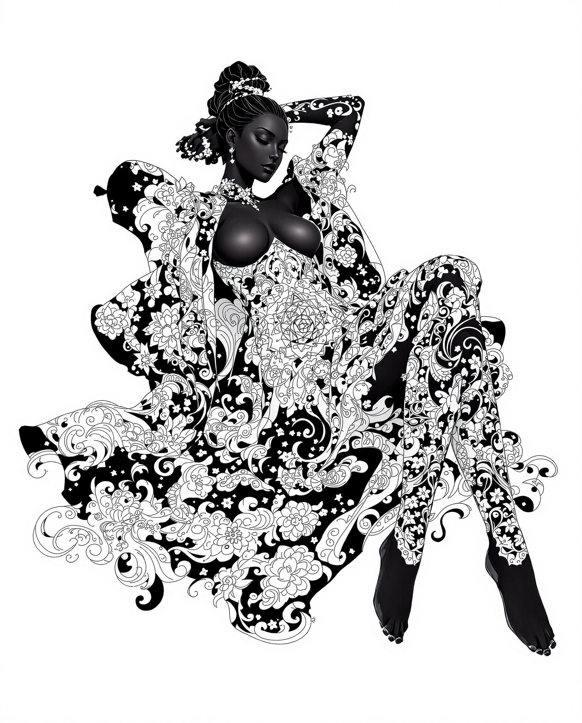 This image is a realistic photo (photograph) of a female real person striking and detailed illustration that features a reclining figure draped in an elaborate, ornate garment. The art style is reminiscent of Japanese manga or anime, with its clean lines, bold outlines, and a focus on the human form. The medium appears to be digital painting, given the smooth blending of colors and the lack of texture that might be present in traditional mediums like oil or watercolor.The colors in the image are primarily black and white, with a few accents of gray. The figure is predominantly black, with the white and gray patterns creating a stark contrast that emphasizes the intricate details of the garment. The background is a monochromatic white, which serves to highlight the figure and the elaborate patterns on her clothing.The figure is adorned with a complex array of patterns, including floral motifs, geometric shapes, and swirling designs. These patterns are symmetrically arranged across the figure, creating a sense of balance and harmony. The patterns are also repeated on the flowing fabric of her garment, which cascades around her in a way that suggests movement and fluidity.The figures pose is relaxed and languid, with one arm resting behind her head and the other extended to the side. Her legs are crossed, and her body is angled in a way that suggests comfort and ease. The overall composition of the image is static, yet theres a sense of motion and grace that is conveyed through the figures posture and the flowing lines of her garment.In summary, this image is a digital painting that features a reclining figure draped in an elaborate, ornate garment with intricate patterns. The art style is reminiscent of Japanese manga or anime, with a focus on the human form and a monochromatic color scheme of black, white, and gray. The patterns on the figure and her garment create a sense of balance and harmony, while the figures pose and the flowing lines of her garment convey a sense of motion and grace.
