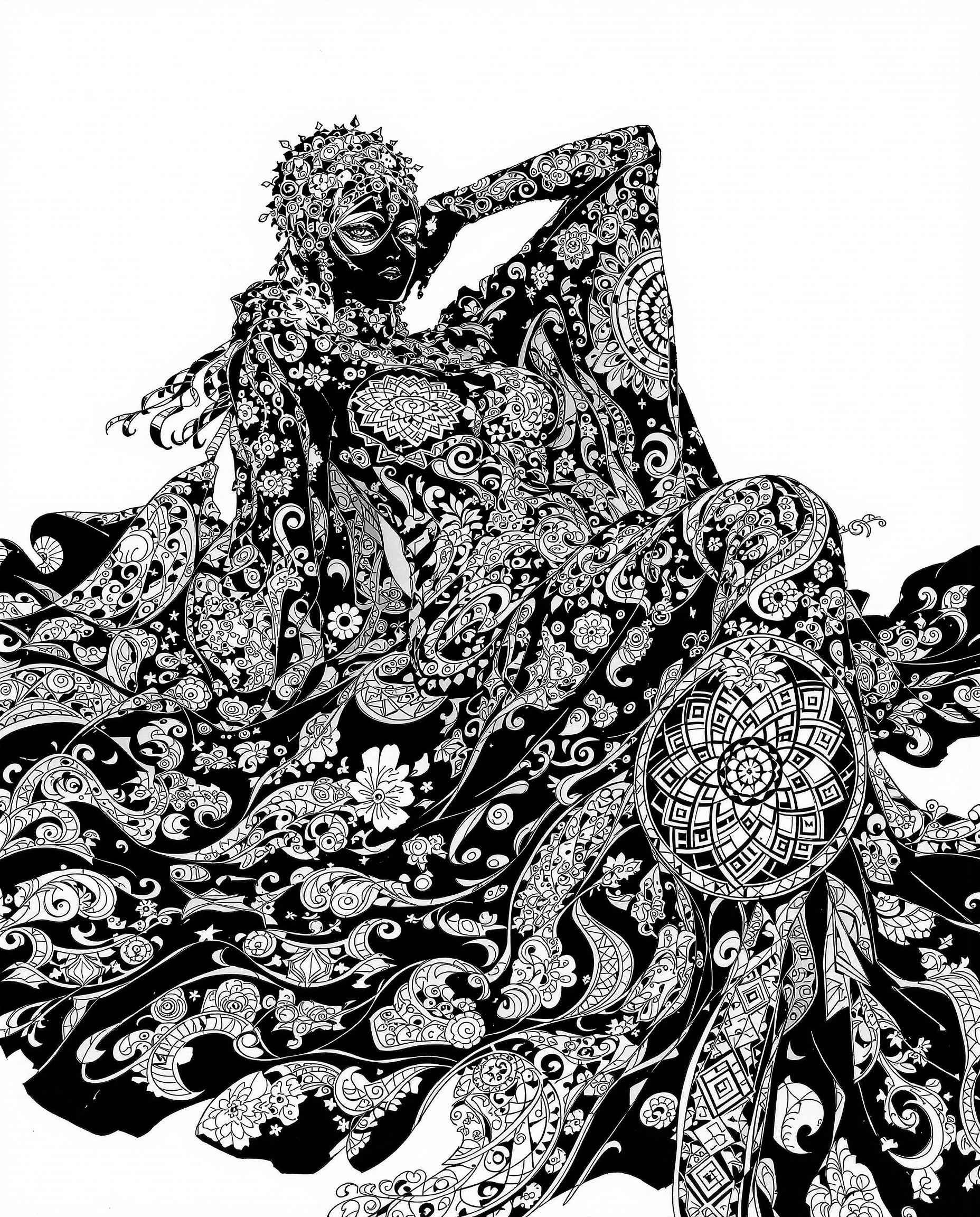 This image is a realistic photo (photograph) of a female real person striking and detailed illustration that features a reclining figure draped in an elaborate, ornate garment. The art style is reminiscent of Japanese manga or anime, with its clean lines, bold outlines, and a focus on the human form. The medium appears to be digital painting, given the smooth blending of colors and the lack of texture that might be present in traditional mediums like oil or watercolor.The colors in the image are primarily black and white, with a few accents of gray. The figure is predominantly black, with the white and gray patterns creating a stark contrast that emphasizes the intricate details of the garment. The background is a monochromatic white, which serves to highlight the figure and the elaborate patterns on her clothing.The figure is adorned with a complex array of patterns, including floral motifs, geometric shapes, and swirling designs. These patterns are symmetrically arranged across the figure, creating a sense of balance and harmony. The patterns are also repeated on the flowing fabric of her garment, which cascades around her in a way that suggests movement and fluidity.The figures pose is relaxed and languid, with one arm resting behind her head and the other extended to the side. Her legs are crossed, and her body is angled in a way that suggests comfort and ease. The overall composition of the image is static, yet theres a sense of motion and grace that is conveyed through the figures posture and the flowing lines of her garment.In summary, this image is a digital painting that features a reclining figure draped in an elaborate, ornate garment with intricate patterns. The art style is reminiscent of Japanese manga or anime, with a focus on the human form and a monochromatic color scheme of black, white, and gray. The patterns on the figure and her garment create a sense of balance and harmony, while the figures pose and the flowing lines of her garment convey a sense of motion and grace.