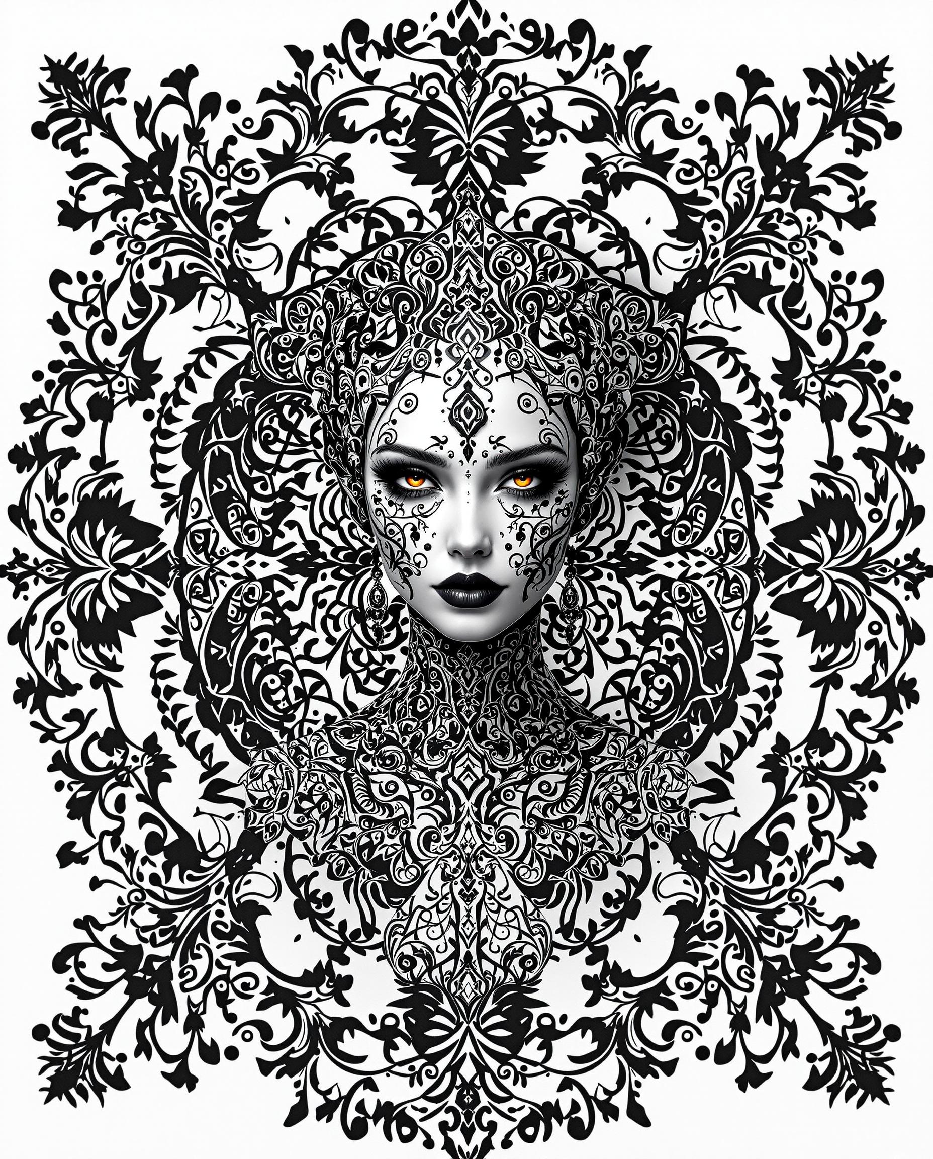 This image is a realistic photo (photograph) of a female real person striking example of digital art, with a focus on composition, lighting, and style that come together. CompositionThe composition is centered around a figure that is the focal point of the image. The figure is adorned with elaborate patterns and is the subject of the intricate designs that surround it. The patterns are symmetrical and repetitive, creating a sense of order and balance. The figure is positioned in a way that it is the central element, with the ornate patterns radiating outward, drawing the viewers eye from the figure to the background. The use of negative space is also a key element in the composition, as the white background allows the black and white patterns to stand out, creating a stark contrast that draws attention.LightingThe lighting in the image is dramatic and moody, with a focus on shadows and highlights that give depth and dimension to the piece. The lighting accentuates the textures and patterns on the figure and the background, creating a sense of three dimensionality. The lighting also adds to the overall atmosphere of the image, which is one of mystery and elegance.Style The style of the artwork is realistic, with a focus on detailed line work and shading that gives the piece a lifelike quality. The use of black and white color scheme adds to the dramatic and intense feel of the artwork, while the intricate patterns and designs give it a sense of complexity and depth. The overall style of the artwork is one that is both visually striking and thematically rich, inviting viewers to ponder the meaning behind the imagery.