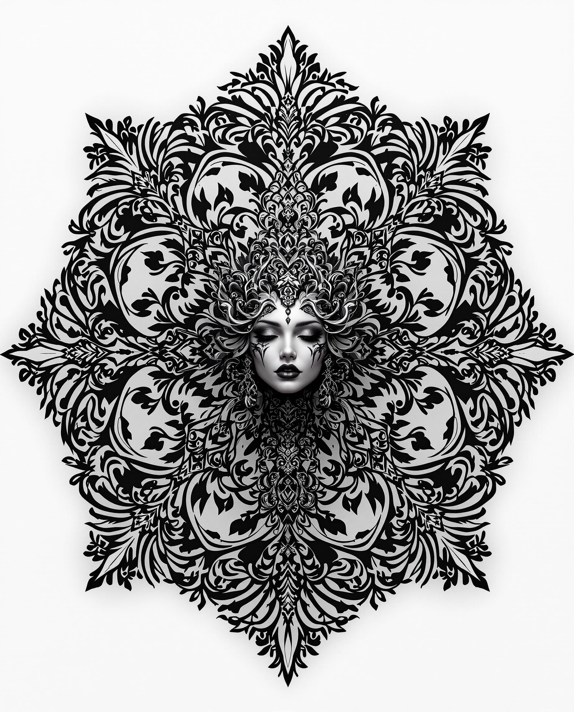 This image is a realistic photo (photograph) of a female real person striking example of digital art, with a focus on composition, lighting, and style that come together. CompositionThe composition is centered around a figure that is the focal point of the image. The figure is adorned with elaborate patterns and is the subject of the intricate designs that surround it. The patterns are symmetrical and repetitive, creating a sense of order and balance. The figure is positioned in a way that it is the central element, with the ornate patterns radiating outward, drawing the viewers eye from the figure to the background. The use of negative space is also a key element in the composition, as the white background allows the black and white patterns to stand out, creating a stark contrast that draws attention.LightingThe lighting in the image is dramatic and moody, with a focus on shadows and highlights that give depth and dimension to the piece. The lighting accentuates the textures and patterns on the figure and the background, creating a sense of three dimensionality. The lighting also adds to the overall atmosphere of the image, which is one of mystery and elegance.Style The style of the artwork is realistic, with a focus on detailed line work and shading that gives the piece a lifelike quality. The use of black and white color scheme adds to the dramatic and intense feel of the artwork, while the intricate patterns and designs give it a sense of complexity and depth. The overall style of the artwork is one that is both visually striking and thematically rich, inviting viewers to ponder the meaning behind the imagery.