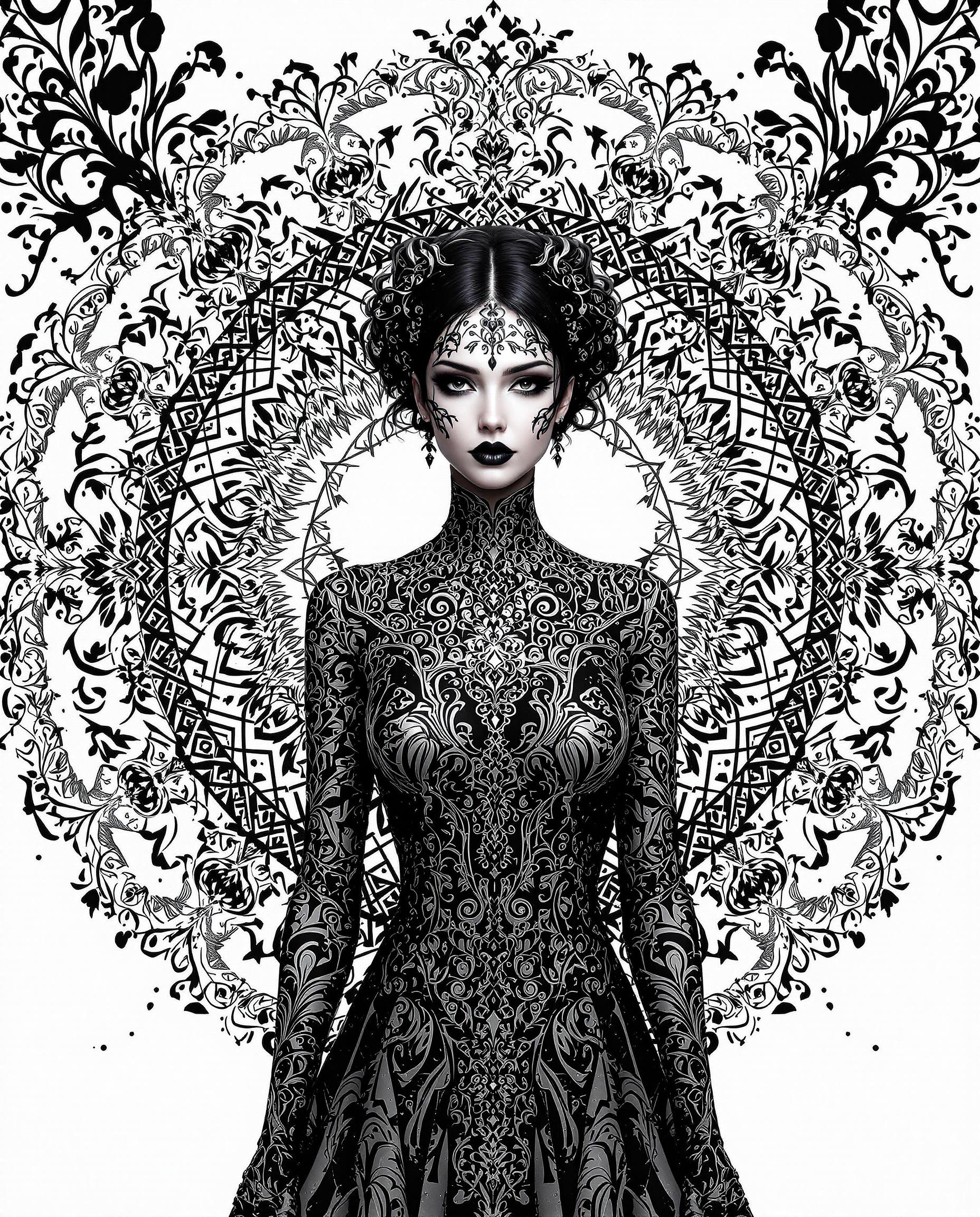 This image is a realistic photo (photograph) of a female real person striking example of digital art, with a focus on composition, lighting, and style that come together. CompositionThe composition is centered around a figure that is the focal point of the image. The figure is adorned with elaborate patterns and is the subject of the intricate designs that surround it. The patterns are symmetrical and repetitive, creating a sense of order and balance. The figure is positioned in a way that it is the central element, with the ornate patterns radiating outward, drawing the viewers eye from the figure to the background. The use of negative space is also a key element in the composition, as the white background allows the black and white patterns to stand out, creating a stark contrast that draws attention.LightingThe lighting in the image is dramatic and moody, with a focus on shadows and highlights that give depth and dimension to the piece. The lighting accentuates the textures and patterns on the figure and the background, creating a sense of three dimensionality. The lighting also adds to the overall atmosphere of the image, which is one of mystery and elegance.Style The style of the artwork is realistic, with a focus on detailed line work and shading that gives the piece a lifelike quality. The use of black and white color scheme adds to the dramatic and intense feel of the artwork, while the intricate patterns and designs give it a sense of complexity and depth. The overall style of the artwork is one that is both visually striking and thematically rich, inviting viewers to ponder the meaning behind the imagery.
