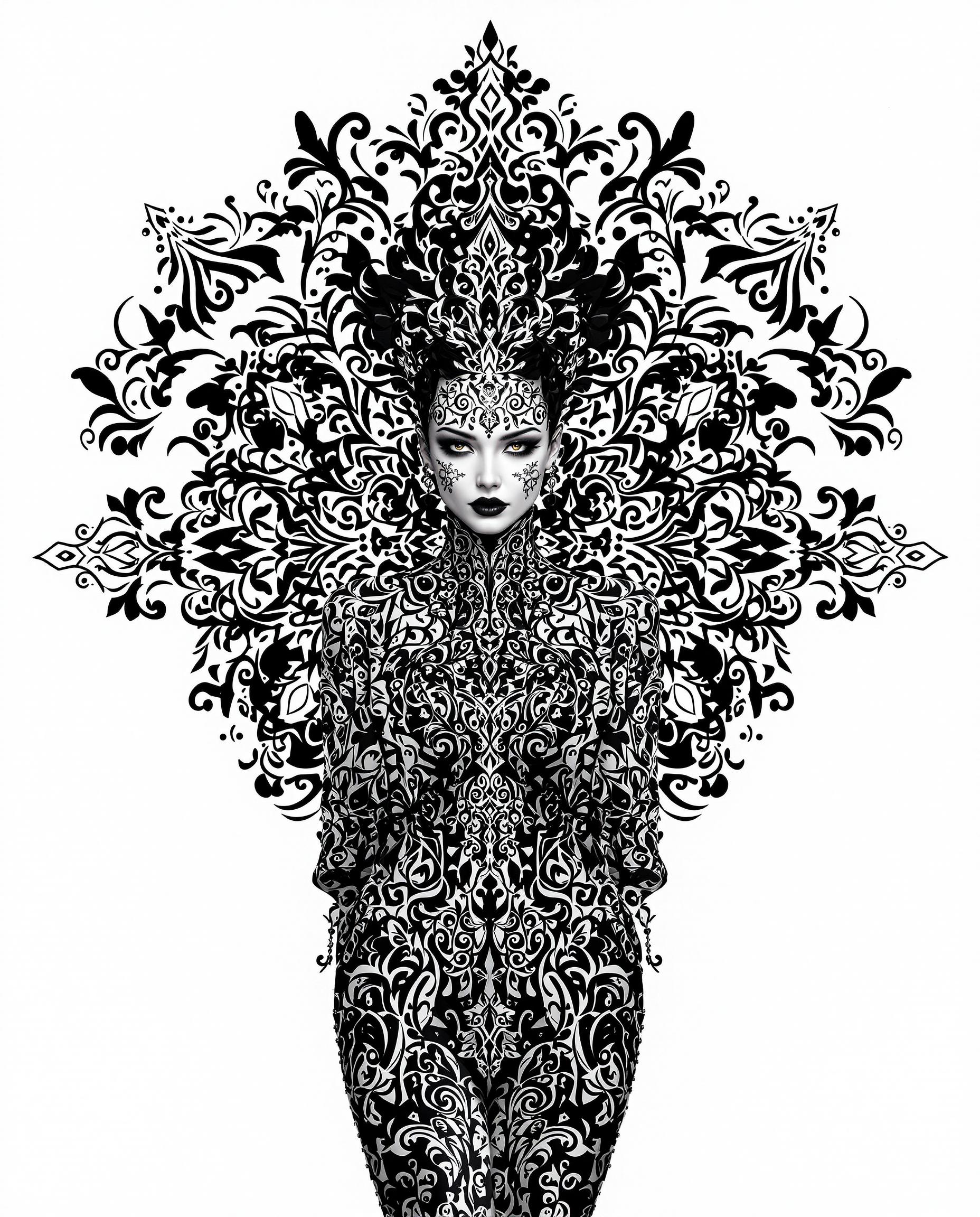 This image is a realistic photo (photograph) of a female real person striking example of digital art, with a focus on composition, lighting, and style that come together. CompositionThe composition is centered around a figure that is the focal point of the image. The figure is adorned with elaborate patterns and is the subject of the intricate designs that surround it. The patterns are symmetrical and repetitive, creating a sense of order and balance. The figure is positioned in a way that it is the central element, with the ornate patterns radiating outward, drawing the viewers eye from the figure to the background. The use of negative space is also a key element in the composition, as the white background allows the black and white patterns to stand out, creating a stark contrast that draws attention.LightingThe lighting in the image is dramatic and moody, with a focus on shadows and highlights that give depth and dimension to the piece. The lighting accentuates the textures and patterns on the figure and the background, creating a sense of three dimensionality. The lighting also adds to the overall atmosphere of the image, which is one of mystery and elegance.Style The style of the artwork is realistic, with a focus on detailed line work and shading that gives the piece a lifelike quality. The use of black and white color scheme adds to the dramatic and intense feel of the artwork, while the intricate patterns and designs give it a sense of complexity and depth. The overall style of the artwork is one that is both visually striking and thematically rich, inviting viewers to ponder the meaning behind the imagery.