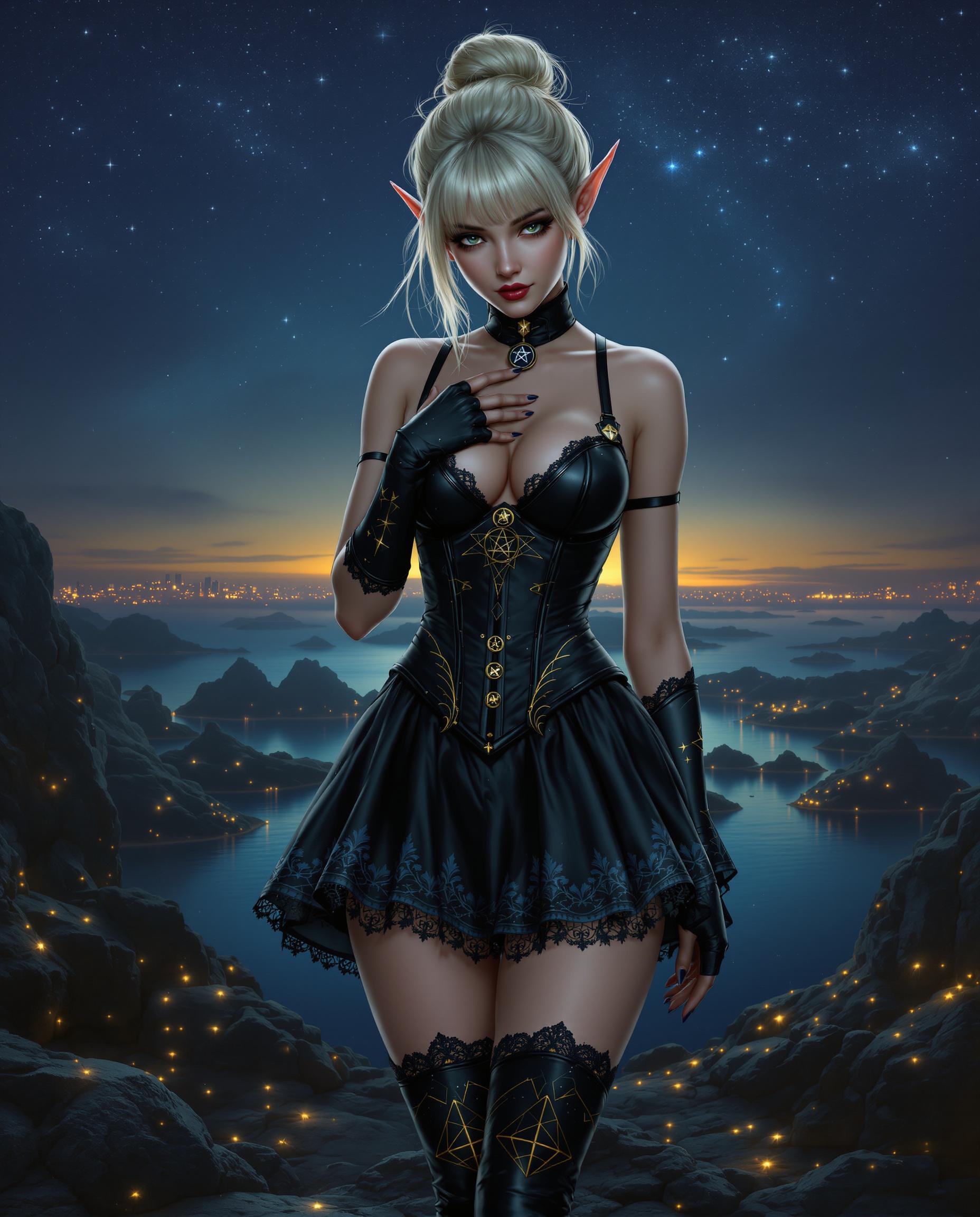 This is a realistic photo (photograph) of a female real person digital artwork that features a fantasy character. The character is a female with pale blonde hair, styled in a messy bun with bangs. She has pointed ears, which are characteristic of elves or similar fantasy creatures. Her eyes are a soft, golden color, and her gaze is directed downward, giving her a contemplative or melancholic expression.The character is adorned in a black, corsetlike outfit with a high neckline and a fitted bodice. The outfit is detailed with straps crisscrossing over the chest and back, and its fastened with a central clasp. The corset is paired with a matching skirt that falls to midthigh, revealing her legs. The skirt is made of a dark, satiny material with a slight sheen, and its detailed with lace trim at the hem and waistband.She wears black stockings with lace detailing at the top, which are held up by a pair of black thighhigh boots with a similar lace design. The boots have a shiny, metallic sheen and are adorned with a pair of golden, winglike extensions on the sides, which are reminiscent of bat wings. These wings are detailed with a cosmic pattern, resembling stars and nebulae in space.The characters right hand is raised to her chest, and she is holding a small, round object with a pentagram design on it. This object is likely a talisman or a magical item.The background of the image is a night scene with a starry sky, and the horizon is lit with a soft glow, possibly from a distant city or a celestial body. Below, there is a body of water with islands scattered across it, and the water reflects the stars and the light from the horizon. The rocks and the ground are dark and textured, and there are small, golden lights scattered throughout, giving the scene a mystical and otherworldly ambiance.The art style is highly detailed and realistic, with a focus on textures and lighting that give the image a threedimensional quality. The medium appears to be digital painting, given the smooth gradients and the lack of brush strokes. The colors are rich and vibrant, with a predominance of blues, blacks, and golds, which create a moody and atmospheric effect. The contrast between the dark, textured background and the lighter, more detailed foreground adds depth to the composition.