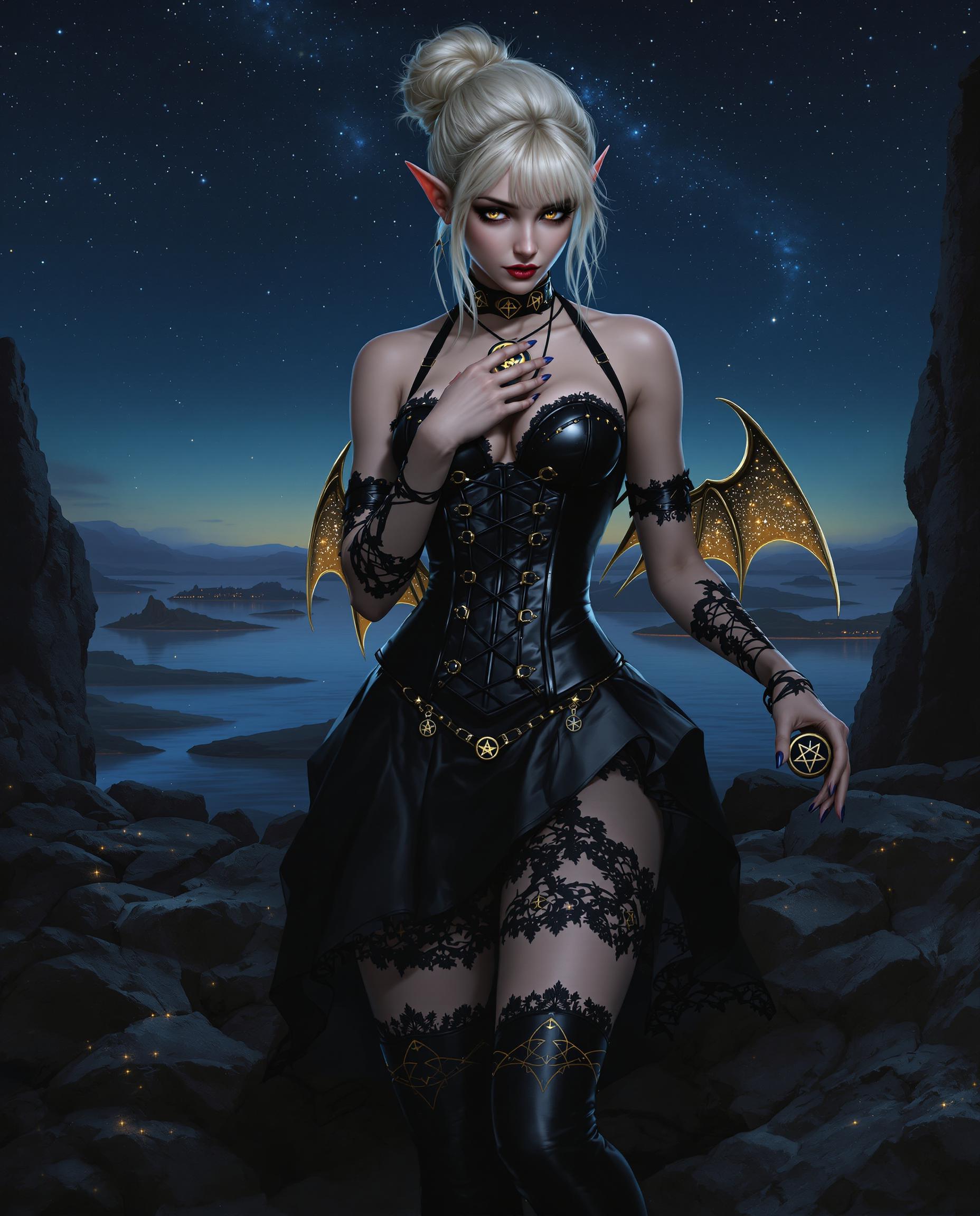 This is a realistic photo (photograph) of a female real person digital artwork that features a fantasy character. The character is a female with pale blonde hair, styled in a messy bun with bangs. She has pointed ears, which are characteristic of elves or similar fantasy creatures. Her eyes are a soft, golden color, and her gaze is directed downward, giving her a contemplative or melancholic expression.The character is adorned in a black, corsetlike outfit with a high neckline and a fitted bodice. The outfit is detailed with straps crisscrossing over the chest and back, and its fastened with a central clasp. The corset is paired with a matching skirt that falls to midthigh, revealing her legs. The skirt is made of a dark, satiny material with a slight sheen, and its detailed with lace trim at the hem and waistband.She wears black stockings with lace detailing at the top, which are held up by a pair of black thighhigh boots with a similar lace design. The boots have a shiny, metallic sheen and are adorned with a pair of golden, winglike extensions on the sides, which are reminiscent of bat wings. These wings are detailed with a cosmic pattern, resembling stars and nebulae in space.The characters right hand is raised to her chest, and she is holding a small, round object with a pentagram design on it. This object is likely a talisman or a magical item.The background of the image is a night scene with a starry sky, and the horizon is lit with a soft glow, possibly from a distant city or a celestial body. Below, there is a body of water with islands scattered across it, and the water reflects the stars and the light from the horizon. The rocks and the ground are dark and textured, and there are small, golden lights scattered throughout, giving the scene a mystical and otherworldly ambiance.The art style is highly detailed and realistic, with a focus on textures and lighting that give the image a threedimensional quality. The medium appears to be digital painting, given the smooth gradients and the lack of brush strokes. The colors are rich and vibrant, with a predominance of blues, blacks, and golds, which create a moody and atmospheric effect. The contrast between the dark, textured background and the lighter, more detailed foreground adds depth to the composition.