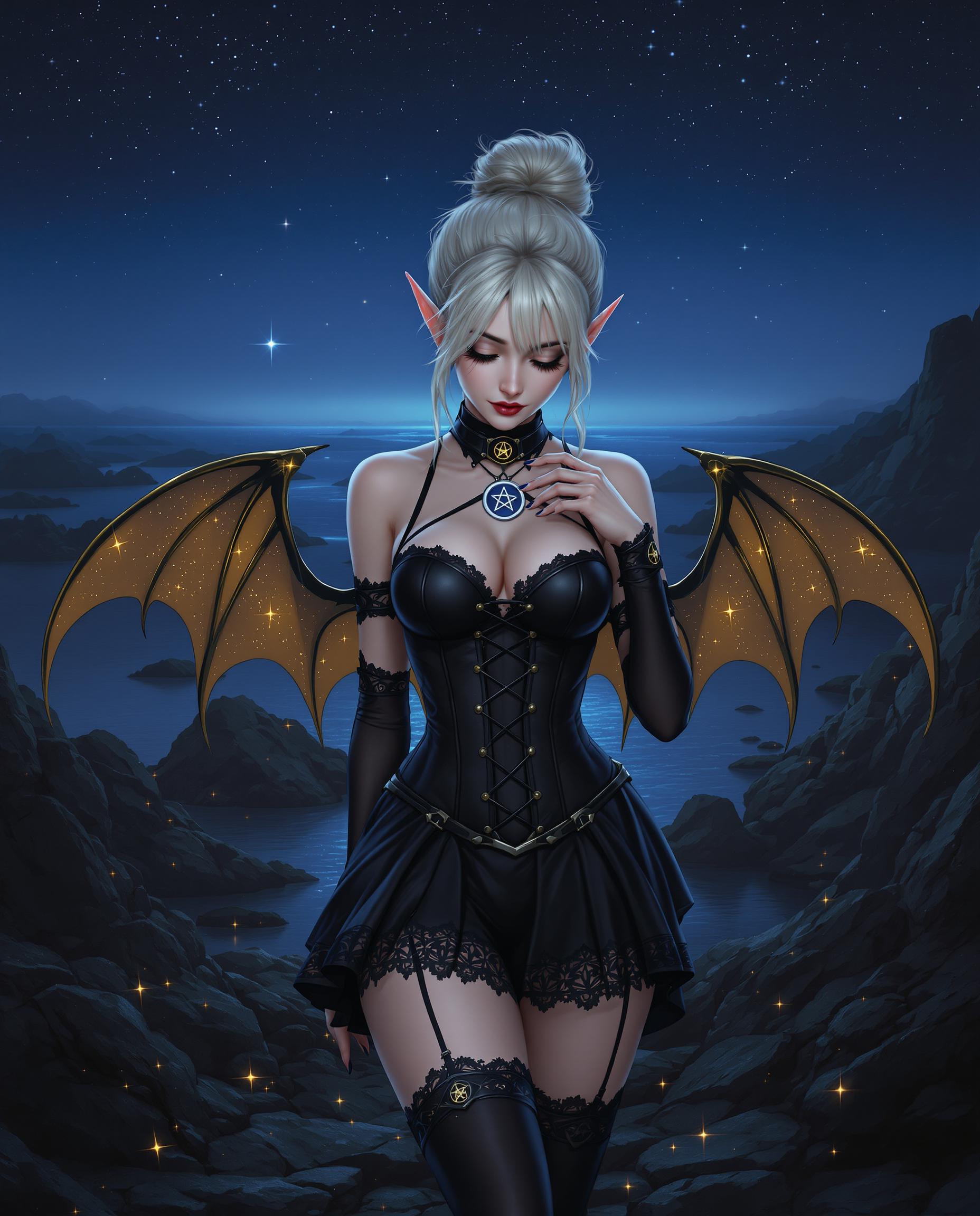 This is a realistic photo (photograph) of a female real person digital artwork that features a fantasy character. The character is a female with pale blonde hair, styled in a messy bun with bangs. She has pointed ears, which are characteristic of elves or similar fantasy creatures. Her eyes are a soft, golden color, and her gaze is directed downward, giving her a contemplative or melancholic expression.The character is adorned in a black, corsetlike outfit with a high neckline and a fitted bodice. The outfit is detailed with straps crisscrossing over the chest and back, and its fastened with a central clasp. The corset is paired with a matching skirt that falls to midthigh, revealing her legs. The skirt is made of a dark, satiny material with a slight sheen, and its detailed with lace trim at the hem and waistband.She wears black stockings with lace detailing at the top, which are held up by a pair of black thighhigh boots with a similar lace design. The boots have a shiny, metallic sheen and are adorned with a pair of golden, winglike extensions on the sides, which are reminiscent of bat wings. These wings are detailed with a cosmic pattern, resembling stars and nebulae in space.The characters right hand is raised to her chest, and she is holding a small, round object with a pentagram design on it. This object is likely a talisman or a magical item.The background of the image is a night scene with a starry sky, and the horizon is lit with a soft glow, possibly from a distant city or a celestial body. Below, there is a body of water with islands scattered across it, and the water reflects the stars and the light from the horizon. The rocks and the ground are dark and textured, and there are small, golden lights scattered throughout, giving the scene a mystical and otherworldly ambiance.The art style is highly detailed and realistic, with a focus on textures and lighting that give the image a threedimensional quality. The medium appears to be digital painting, given the smooth gradients and the lack of brush strokes. The colors are rich and vibrant, with a predominance of blues, blacks, and golds, which create a moody and atmospheric effect. The contrast between the dark, textured background and the lighter, more detailed foreground adds depth to the composition.