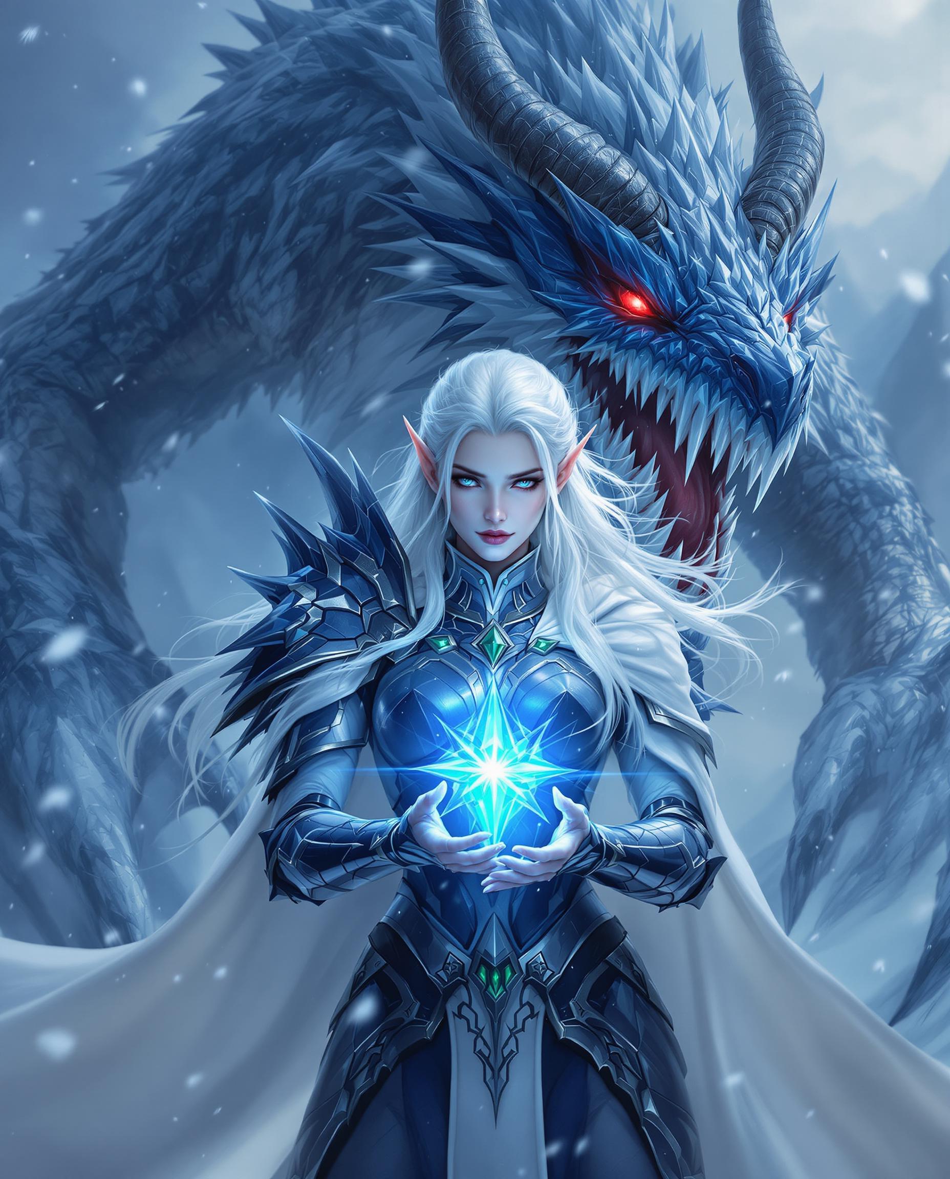 This is a realistic photo (photograph) of a female real person fantasy themed digital artwork, likely created with software such as Photoshop or a similar vector graphics editor. The art style is high fantasy, with a strong emphasis on detailed armor and mythical creatures, and it has a cinematic quality, suggesting it could be concept art for a video game or a movie.Medium The image is a digital painting, created on a computer using specialized software. The artist likely used a stylus or a mouse to apply brush strokes and digital paints.Colors The color palette is rich and varied, with a cool, icy blue and white theme that gives the image a wintry, otherworldly feel. The armor and the creature are predominantly shades of blue and black, with touches of green and silver accents. The red eyes of the creature and the glowing blue gem in the hand of the figure provide a stark contrast, drawing the viewers attention and adding to the dramatic effect.Objects in the Image1. The central figure is a female elf, dressed in a detailed, armored costume. The armor is primarily blue with black and silver accents, and it is adorned with green jewels. The elf has long, flowing white hair and pointed ears, and her skin is a pale, icy white. She is wearing a white cloak that billows around her, adding to the dynamic feel of the image.2. Behind the elf is a massive, menacing creature that resembles a dragon. It has a large, toothy maw, glowing red eyes, and sharp horns. The creatures scales are a mix of blue and white, and it has jagged, iciclelike protrusions on its body. It is surrounded by shards of ice and crystals, which enhance the icy, wintry atmosphere of the scene.3. The elf is holding a glowing blue gem in her hand. The gem is the focal point of the image, with a starburst effect that adds to the magical and otherworldly feel of the scene.4. The background is a snowy landscape, with jagged peaks and a swirling, icy mist. The falling snowflakes add to the wintry feel of the scene, and the overall composition of the image creates a sense of depth and movement.Overall, the image is a stunning example of high fantasy art, with a strong emphasis on detailed armor, mythical creatures, and a wintry, icy atmosphere. The use of color and composition creates a sense of drama and tension, and the overall effect is one of awe and wonder.