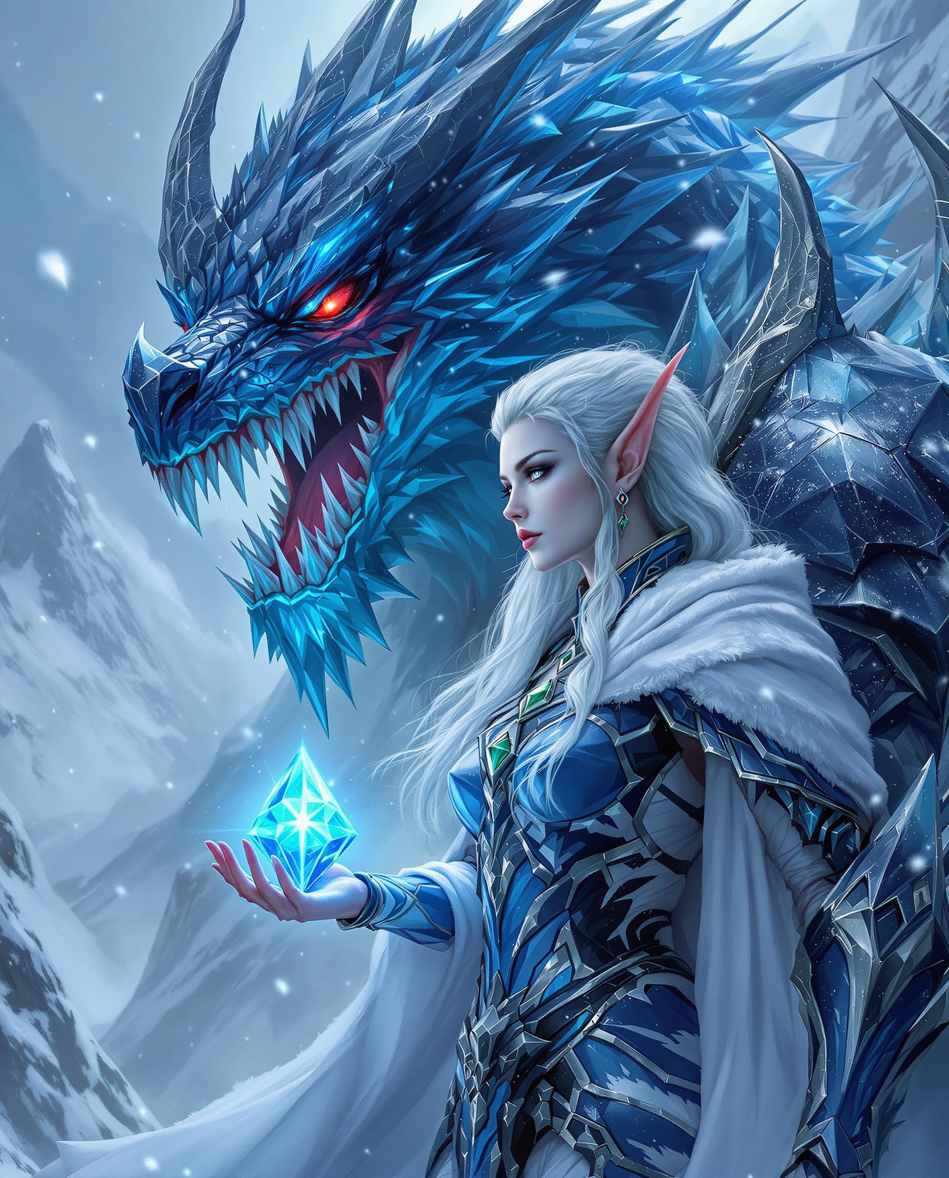 This is a realistic photo (photograph) of a female real person fantasy themed digital artwork, likely created with software such as Photoshop or a similar vector graphics editor. The art style is high fantasy, with a strong emphasis on detailed armor and mythical creatures, and it has a cinematic quality, suggesting it could be concept art for a video game or a movie.Medium The image is a digital painting, created on a computer using specialized software. The artist likely used a stylus or a mouse to apply brush strokes and digital paints.Colors The color palette is rich and varied, with a cool, icy blue and white theme that gives the image a wintry, otherworldly feel. The armor and the creature are predominantly shades of blue and black, with touches of green and silver accents. The red eyes of the creature and the glowing blue gem in the hand of the figure provide a stark contrast, drawing the viewers attention and adding to the dramatic effect.Objects in the Image1. The central figure is a female elf, dressed in a detailed, armored costume. The armor is primarily blue with black and silver accents, and it is adorned with green jewels. The elf has long, flowing white hair and pointed ears, and her skin is a pale, icy white. She is wearing a white cloak that billows around her, adding to the dynamic feel of the image.2. Behind the elf is a massive, menacing creature that resembles a dragon. It has a large, toothy maw, glowing red eyes, and sharp horns. The creatures scales are a mix of blue and white, and it has jagged, iciclelike protrusions on its body. It is surrounded by shards of ice and crystals, which enhance the icy, wintry atmosphere of the scene.3. The elf is holding a glowing blue gem in her hand. The gem is the focal point of the image, with a starburst effect that adds to the magical and otherworldly feel of the scene.4. The background is a snowy landscape, with jagged peaks and a swirling, icy mist. The falling snowflakes add to the wintry feel of the scene, and the overall composition of the image creates a sense of depth and movement.Overall, the image is a stunning example of high fantasy art, with a strong emphasis on detailed armor, mythical creatures, and a wintry, icy atmosphere. The use of color and composition creates a sense of drama and tension, and the overall effect is one of awe and wonder.