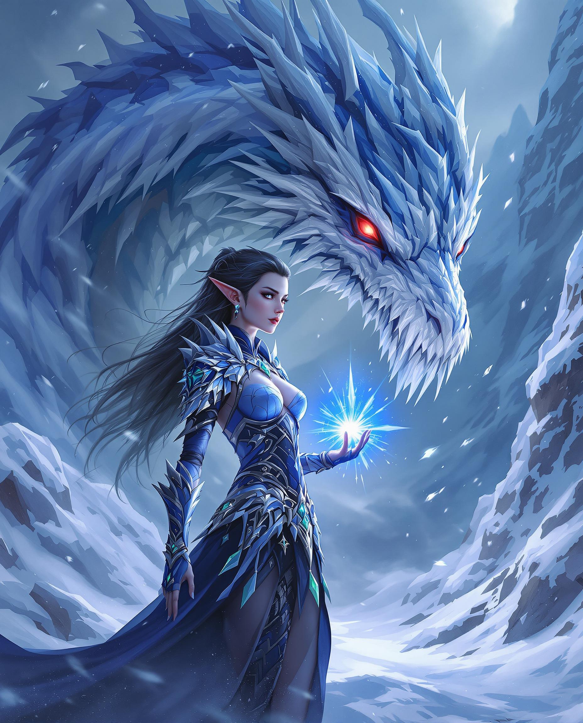 A breathtaking high fantasy digital painting of a female elf, standing heroically in a snowy, wintry landscape with jagged peaks and swirling icy mist, her detailed blue and black armor adorned with silver accents and green jewels gleaming under cinematic lighting. Behind her looms a massive dragon-like creature with blue-white scales, glowing red eyes, and jagged icicle protrusions, surrounded by shards of ice, while she holds a glowing blue gem emitting a starburst of magical light. The scene, rich in cool icy blues and whites with stark contrasts of red and silver, captures a dramatic, otherworldly atmosphere in stunning 8K detail.
