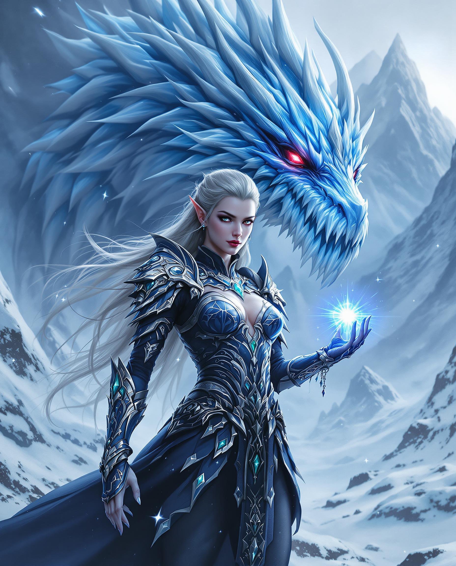 A breathtaking high fantasy digital painting of a female elf, standing heroically in a snowy, wintry landscape with jagged peaks and swirling icy mist, her detailed blue and black armor adorned with silver accents and green jewels gleaming under cinematic lighting. Behind her looms a massive dragon-like creature with blue-white scales, glowing red eyes, and jagged icicle protrusions, surrounded by shards of ice, while she holds a glowing blue gem emitting a starburst of magical light. The scene, rich in cool icy blues and whites with stark contrasts of red and silver, captures a dramatic, otherworldly atmosphere in stunning 8K detail.