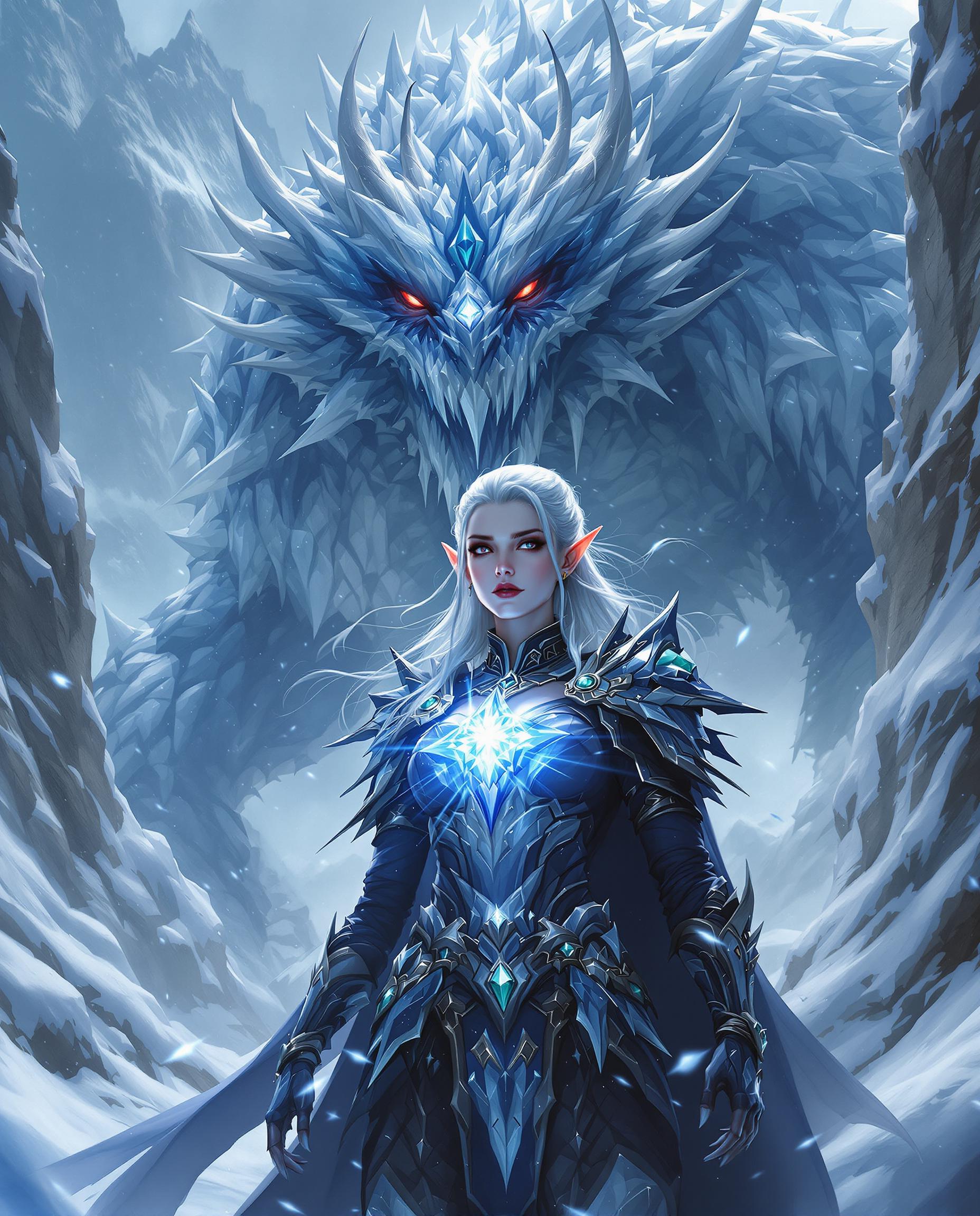 A breathtaking high fantasy digital painting of a female elf, standing heroically in a snowy, wintry landscape with jagged peaks and swirling icy mist, her detailed blue and black armor adorned with silver accents and green jewels gleaming under cinematic lighting. Behind her looms a massive dragon-like creature with blue-white scales, glowing red eyes, and jagged icicle protrusions, surrounded by shards of ice, while she holds a glowing blue gem emitting a starburst of magical light. The scene, rich in cool icy blues and whites with stark contrasts of red and silver, captures a dramatic, otherworldly atmosphere in stunning 8K detail.