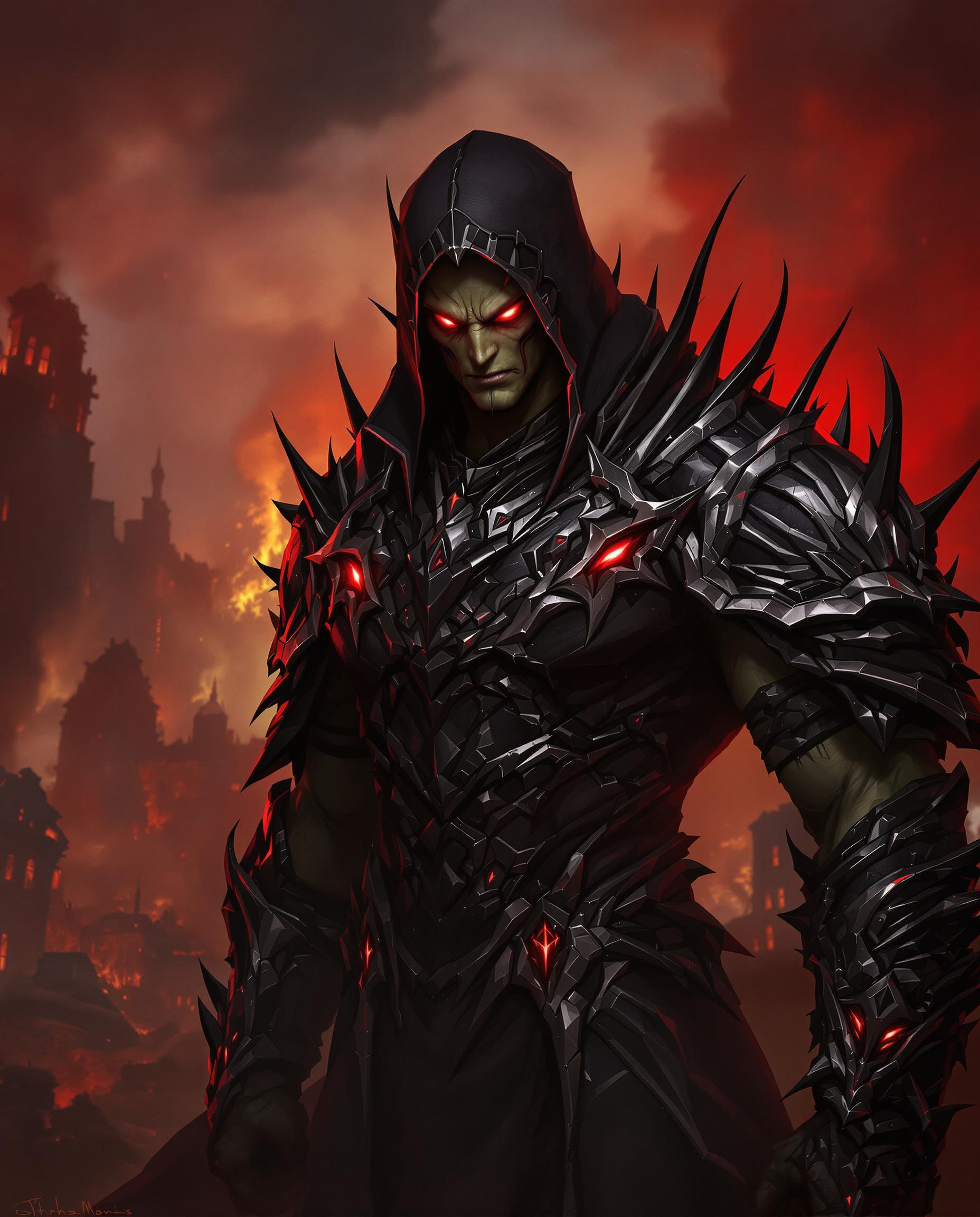 This is a realistic photo (photograph) of a male real person image of a formidable character, likely from a fantasy or science fiction setting. The art style is highly detailed and realistic, with a focus on textures and lighting that give the image a three dimensional quality. The medium appears to be digital painting, given the smooth blending of colors and the lack of brush strokes.The character is wearing a dark, armored robe with intricate designs and patterns, suggesting a high status or power. The robe is primarily black with hints of red and silver, which stand out against the dark tones. The armor is adorned with spikes and jagged edges, giving the character a menacing appearance. The armor also features glowing red eyes, which add to the ominous feel of the character.The characters skin is a sickly green, and the muscles are welldefined, indicating strength and power. The characters face is obscured by a hood, but the eyes are visible, and they are a fiery red, which complements the red accents on the armor.The background is a chaotic scene of destruction, with buildings in ruins and billowing smoke. The colors in the background are primarily red and orange, which contrast with the dark tones of the character, emphasizing the ferocity and violence of the scene.Overall, the image conveys a sense of power, danger, and otherworldliness, with a focus on the detailed textures and dramatic lighting that bring the character and the scene to life.