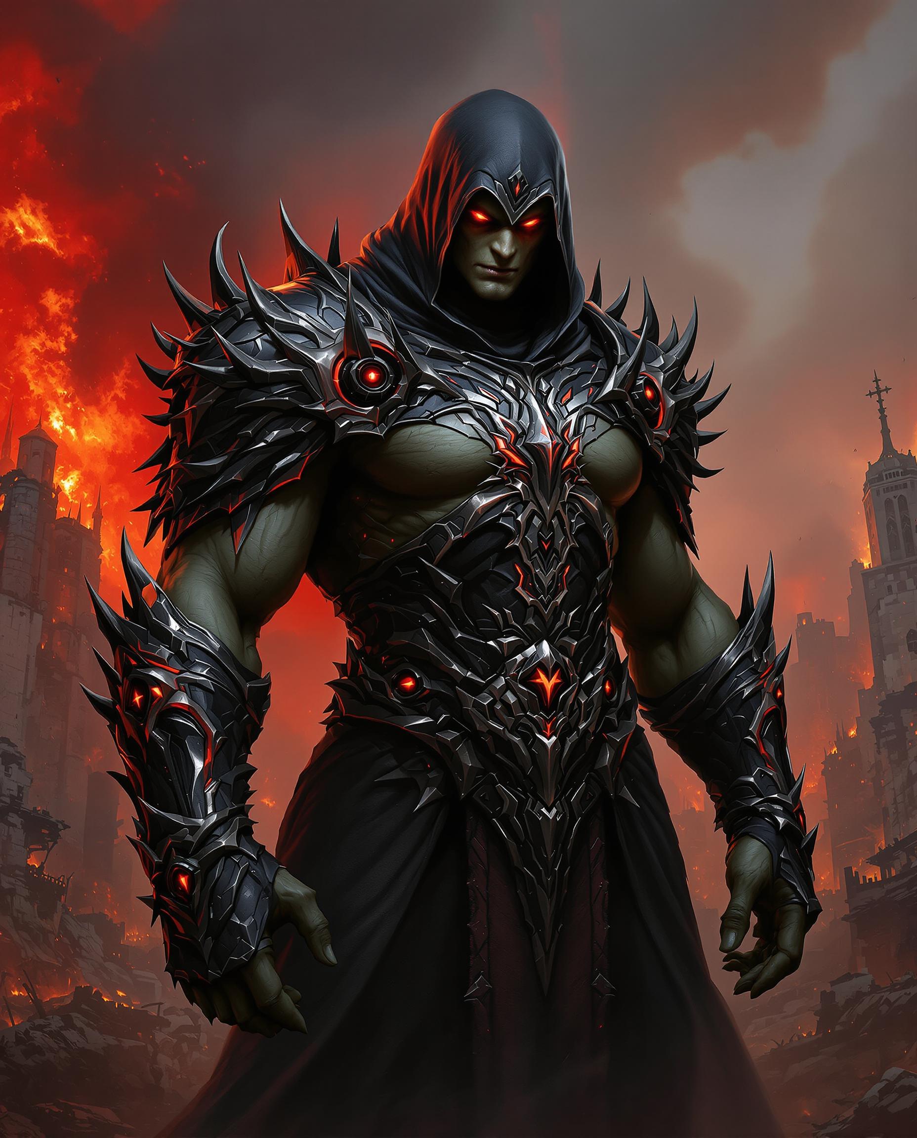This is a realistic photo (photograph) of a male real person image of a formidable character, likely from a fantasy or science fiction setting. The art style is highly detailed and realistic, with a focus on textures and lighting that give the image a three dimensional quality. The medium appears to be digital painting, given the smooth blending of colors and the lack of brush strokes.The character is wearing a dark, armored robe with intricate designs and patterns, suggesting a high status or power. The robe is primarily black with hints of red and silver, which stand out against the dark tones. The armor is adorned with spikes and jagged edges, giving the character a menacing appearance. The armor also features glowing red eyes, which add to the ominous feel of the character.The characters skin is a sickly green, and the muscles are welldefined, indicating strength and power. The characters face is obscured by a hood, but the eyes are visible, and they are a fiery red, which complements the red accents on the armor.The background is a chaotic scene of destruction, with buildings in ruins and billowing smoke. The colors in the background are primarily red and orange, which contrast with the dark tones of the character, emphasizing the ferocity and violence of the scene.Overall, the image conveys a sense of power, danger, and otherworldliness, with a focus on the detailed textures and dramatic lighting that bring the character and the scene to life.