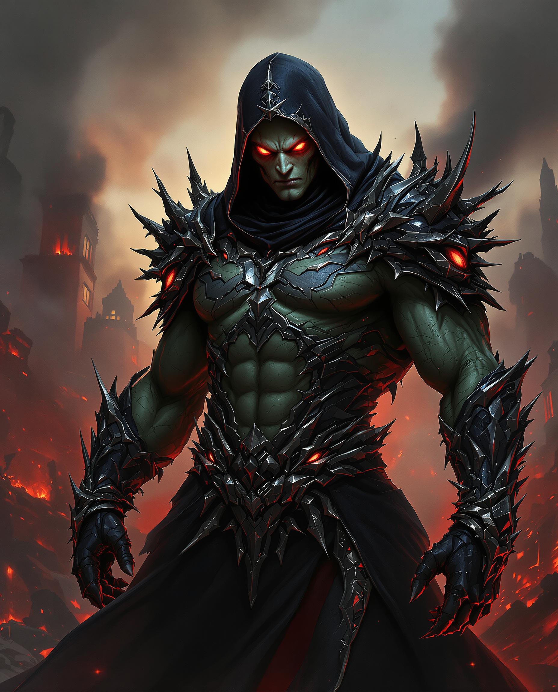 This is a realistic photo (photograph) of a male real person image of a formidable character, likely from a fantasy or science fiction setting. The art style is highly detailed and realistic, with a focus on textures and lighting that give the image a three dimensional quality. The medium appears to be digital painting, given the smooth blending of colors and the lack of brush strokes.The character is wearing a dark, armored robe with intricate designs and patterns, suggesting a high status or power. The robe is primarily black with hints of red and silver, which stand out against the dark tones. The armor is adorned with spikes and jagged edges, giving the character a menacing appearance. The armor also features glowing red eyes, which add to the ominous feel of the character.The characters skin is a sickly green, and the muscles are welldefined, indicating strength and power. The characters face is obscured by a hood, but the eyes are visible, and they are a fiery red, which complements the red accents on the armor.The background is a chaotic scene of destruction, with buildings in ruins and billowing smoke. The colors in the background are primarily red and orange, which contrast with the dark tones of the character, emphasizing the ferocity and violence of the scene.Overall, the image conveys a sense of power, danger, and otherworldliness, with a focus on the detailed textures and dramatic lighting that bring the character and the scene to life.