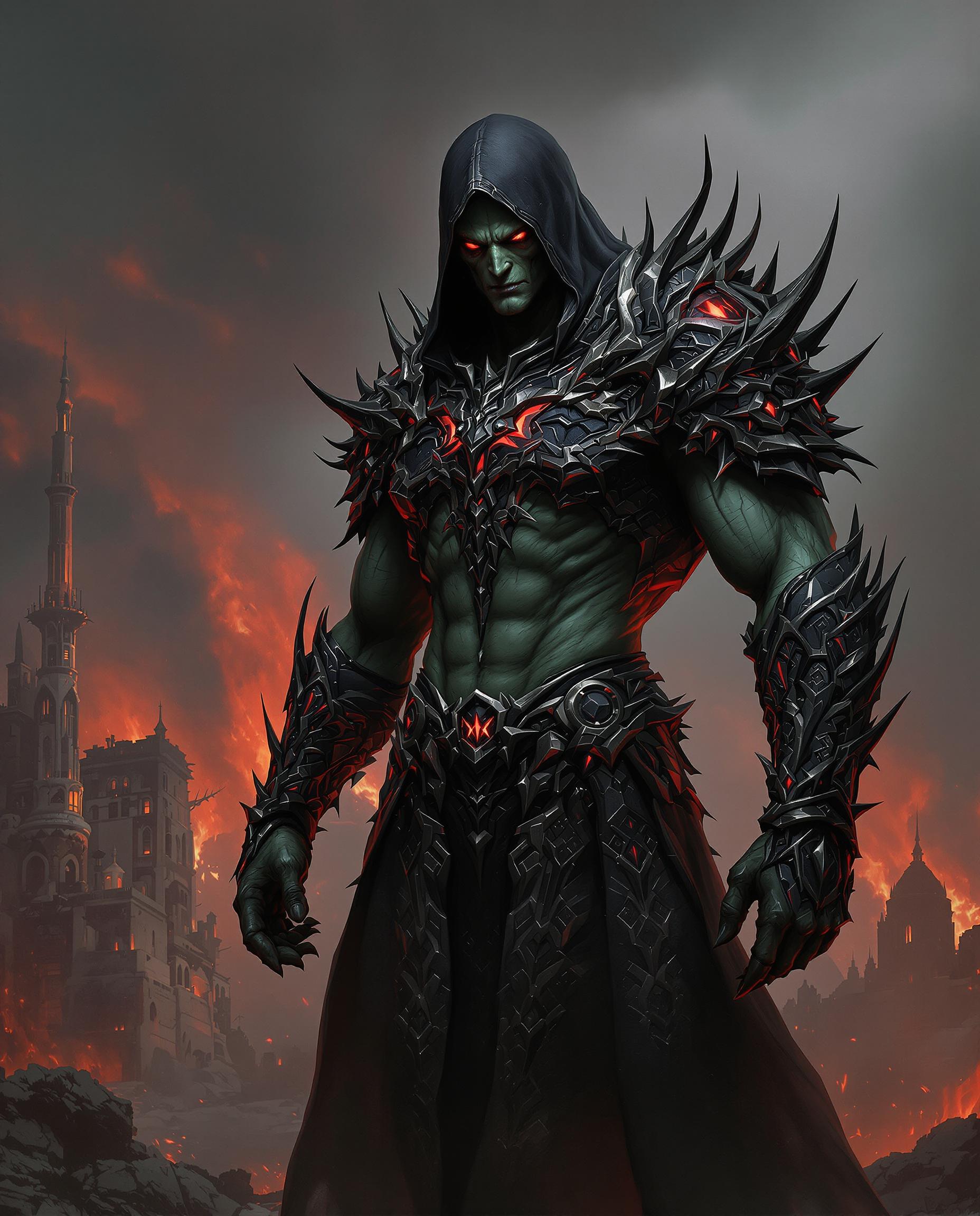 This is a realistic photo (photograph) of a male real person image of a formidable character, likely from a fantasy or science fiction setting. The art style is highly detailed and realistic, with a focus on textures and lighting that give the image a three dimensional quality. The medium appears to be digital painting, given the smooth blending of colors and the lack of brush strokes.The character is wearing a dark, armored robe with intricate designs and patterns, suggesting a high status or power. The robe is primarily black with hints of red and silver, which stand out against the dark tones. The armor is adorned with spikes and jagged edges, giving the character a menacing appearance. The armor also features glowing red eyes, which add to the ominous feel of the character.The characters skin is a sickly green, and the muscles are welldefined, indicating strength and power. The characters face is obscured by a hood, but the eyes are visible, and they are a fiery red, which complements the red accents on the armor.The background is a chaotic scene of destruction, with buildings in ruins and billowing smoke. The colors in the background are primarily red and orange, which contrast with the dark tones of the character, emphasizing the ferocity and violence of the scene.Overall, the image conveys a sense of power, danger, and otherworldliness, with a focus on the detailed textures and dramatic lighting that bring the character and the scene to life.